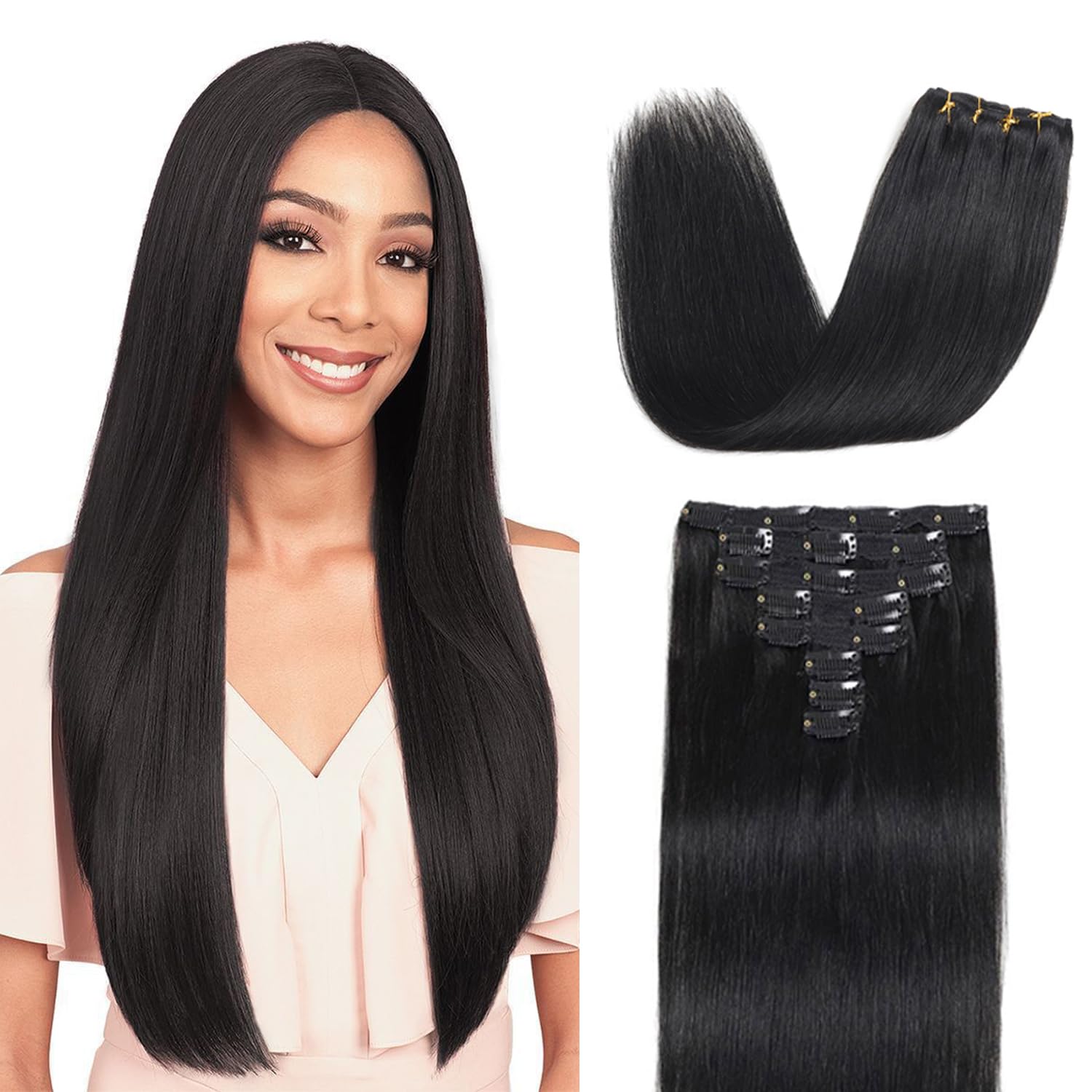 Clip in Hair Extensions Real Human Hair Straight Real Remy Human Hair 8pcs 100g Double Weft Remy Human Hair Clip in Extensions (#1B Natural Black
