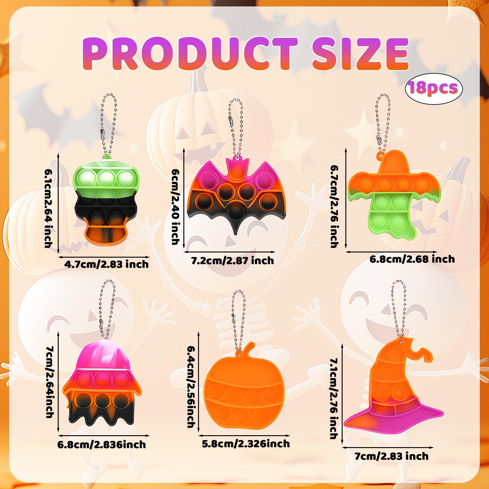 18 Pcs Halloween Children's Mini Bubble Keychain Toys, Colorful Silicone Bubble Keychain - Image 2