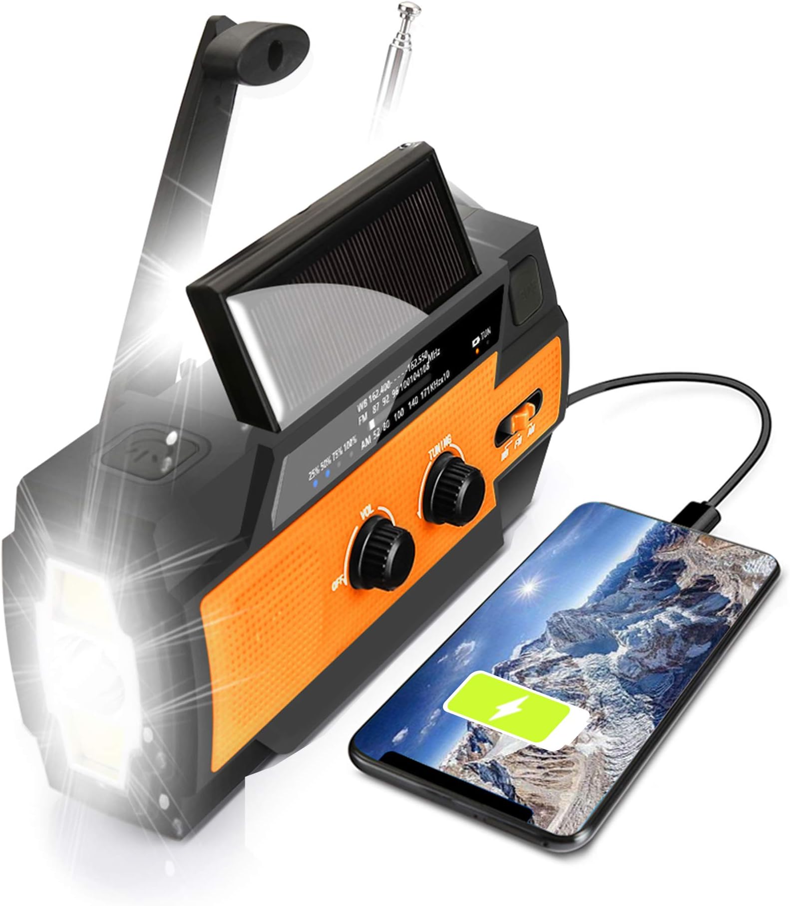 【Upgraded】 Emergency Weather Radio, Hand Crank, 4000mAH, Portable, Solar Charging, with AM/FM/NOAA, 3 LED Flashlights, Motion Sensor, Reading Lamp, SOS Alarm, Rechargeable (Orange)