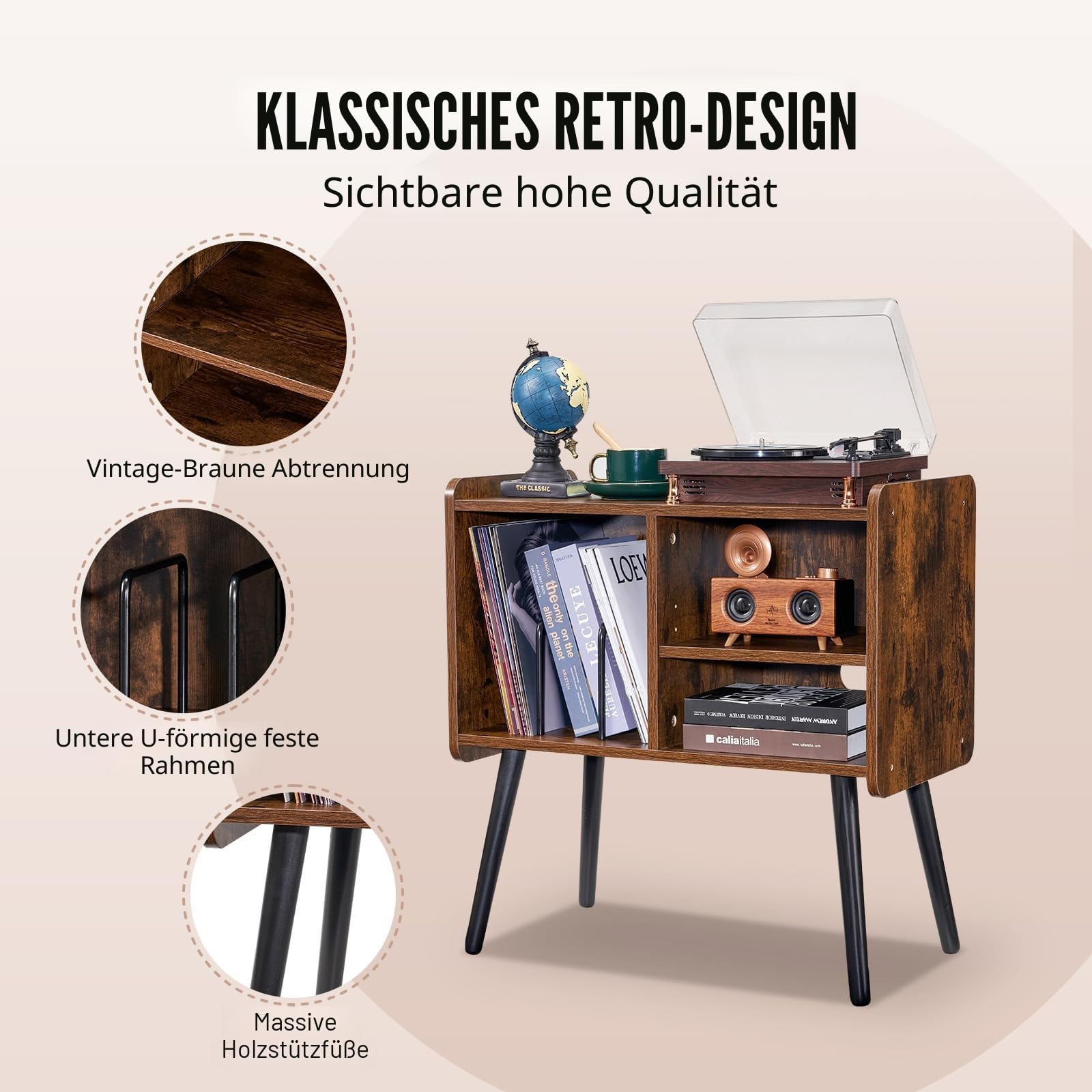 VEVOR Plattenspielerständer mit abnehmbaren Regalen, Schallplattenständer mit Aufbewahrung für bis zu 100 Alben, Vinyl-Schallplattenschrank Plattenspielertisch höhenverstellbar für Wohnzimmer