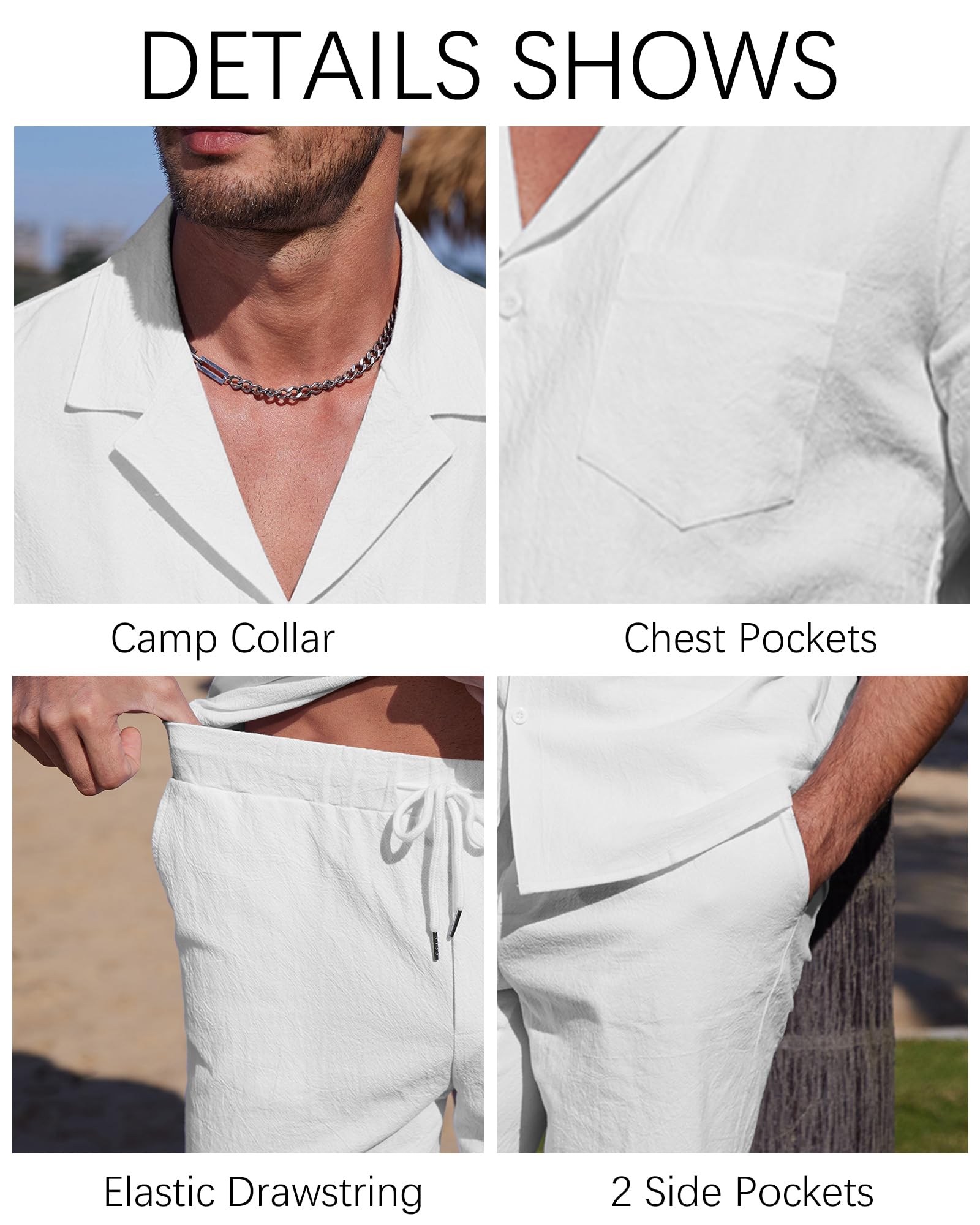 YAOHUOLE Conjunto de camisa y pantalones cortos de algodón y lino para hombre, conjunto de 2 piezas, ropa casual de verano, vacaciones, playa, trajes de boda
