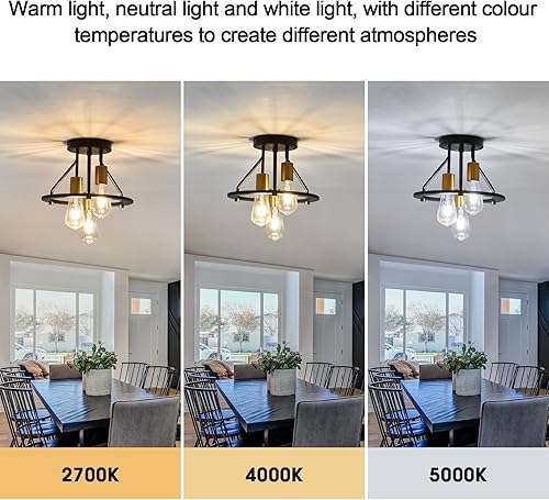 Miniatura 5 de Lámpara de techo industrial de montaje semi empotrado de 3 luces, lámpara de araña mate en negro y dorado E26, lámpara de techo de granja para