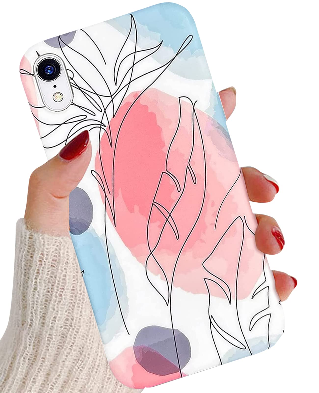 J.westiPhone XR Case 6.1, Aesthetic Watercolor Minimalist Boho Modern Abstract Prints Slim Geometric Line Plant Palm Leaf Pattern Blue Pink Soft TPU Shockproof Cover Protective Phone Case for Women