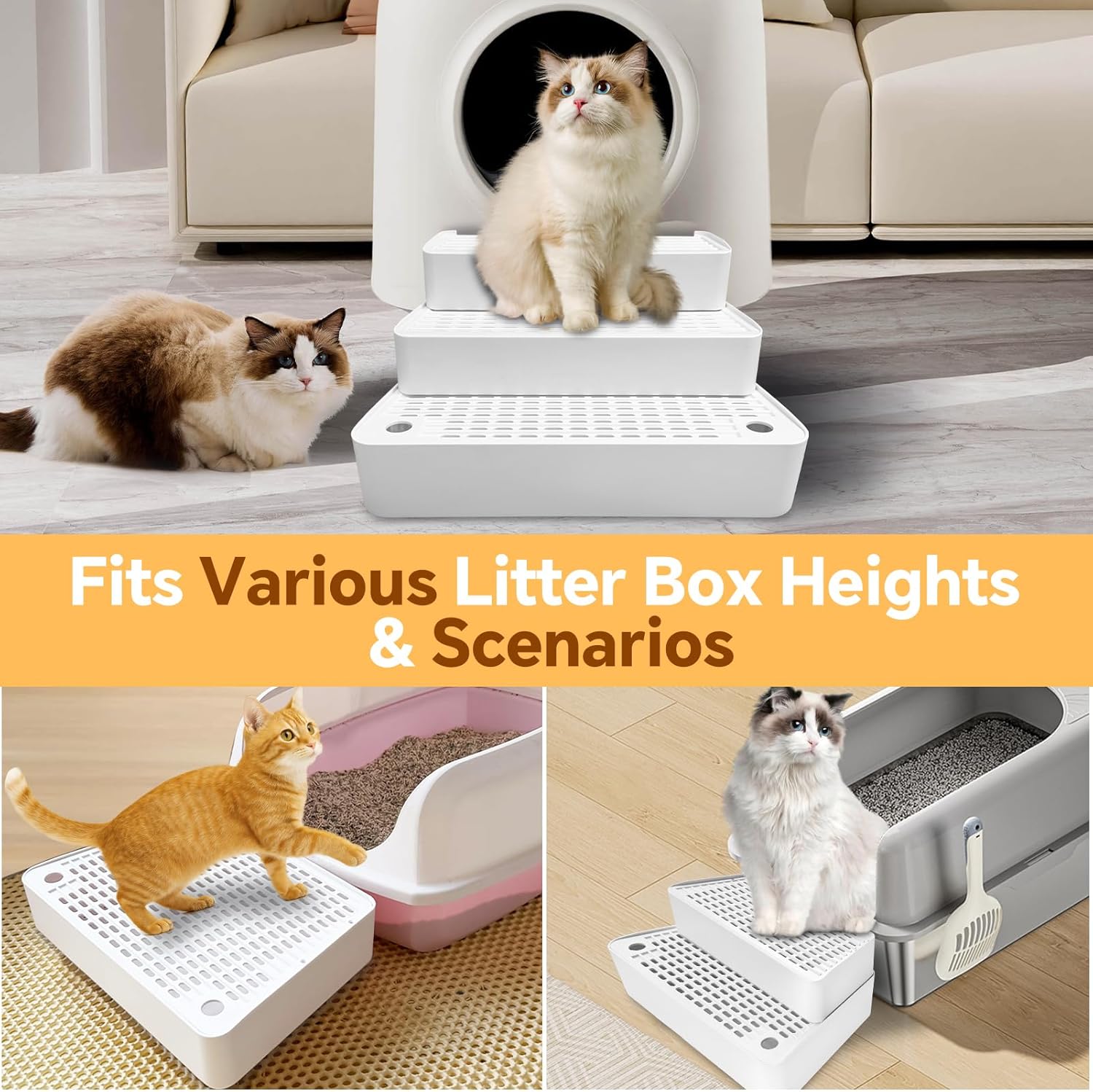 Adjustable 3 Steps Litter Box Ramp,Cat Litter Catcher, Cat Litter Box Step for Small & Elderly Cats,Easy to Clean,White