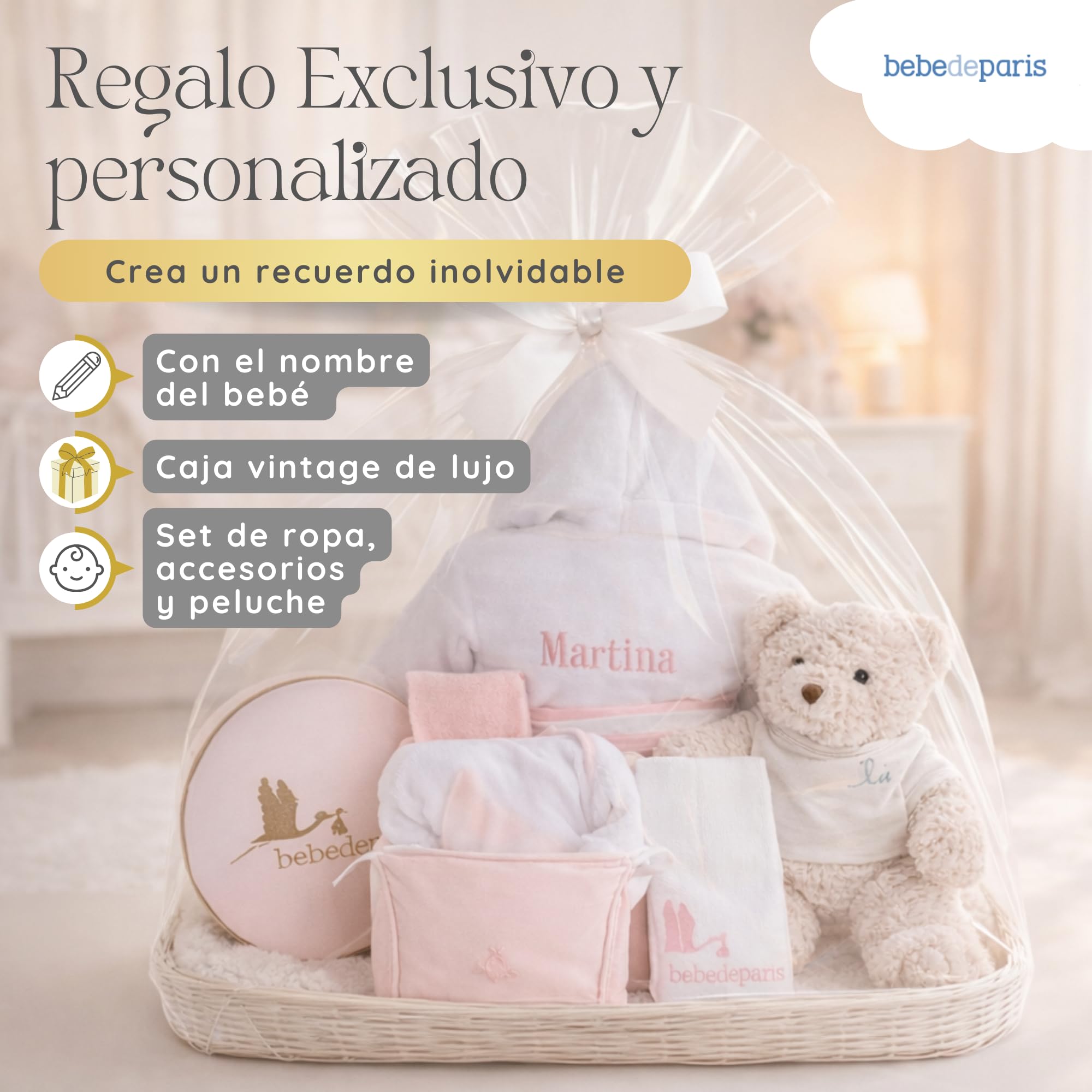 BebeDeParis Canastilla Bebé Recién Nacido Albornoz Bordado talla de 6-12 meses Body Neceser Funda Muselina y Oso de Peluche