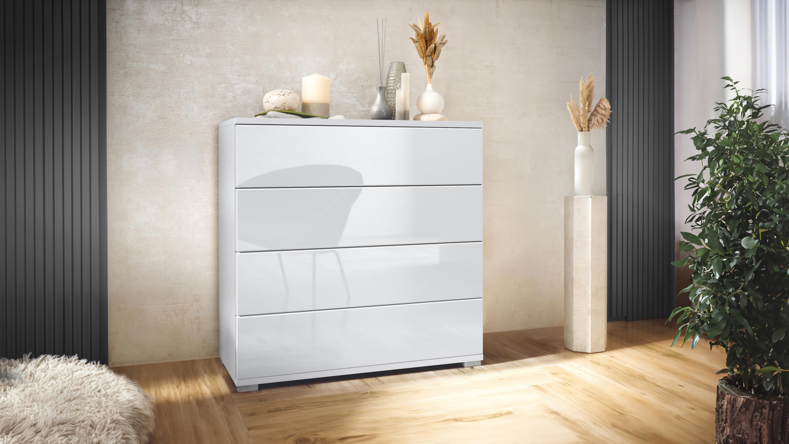 Vladon Kommode Pavos V3, Sideboard mit 4 Schubladen Weiß matt/Weiß Hochglanz (76 x 76 x 35 cm)