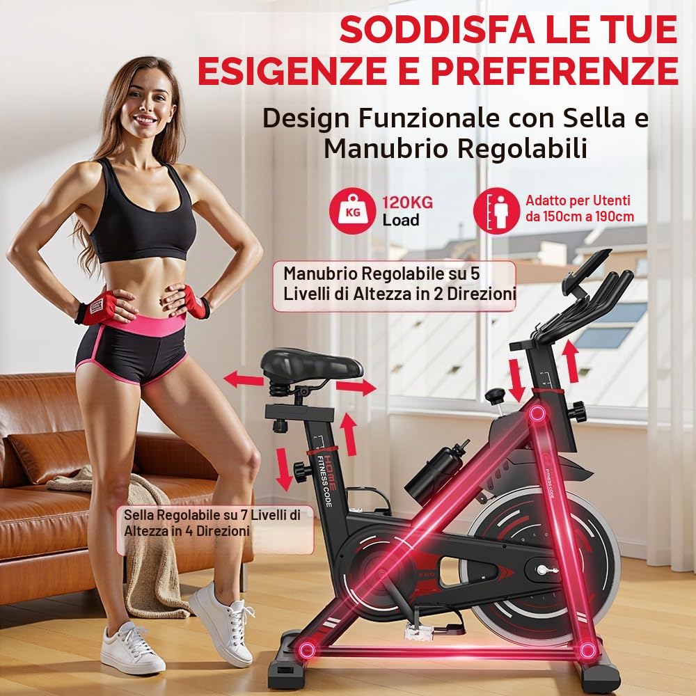 Cyclette stazionaria, Spin Bike Attrezzature da palestra domestica, sedile e manubrio regolabili, monitor LCD e supporto per tablet, resistenza da 0 a 100%, allenamento cardio