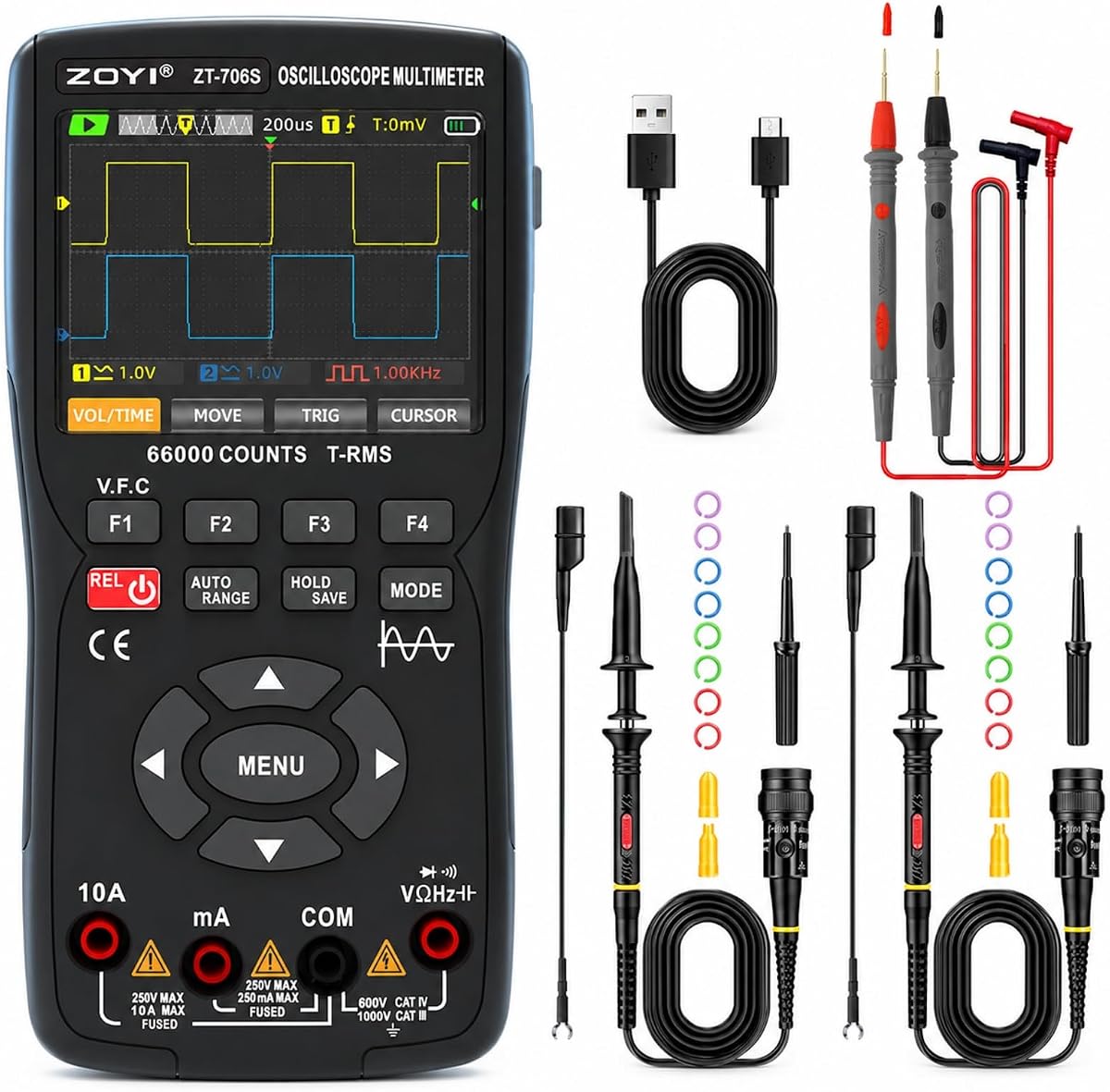 ZT-706S 3-in-1 Oscilloscope Multimeter Signal Generator, Dual-Channel 50MHz Bandwidth, 280MSa/s Infinite Persistence, 66000 Counts True RMS, 10MHz Bandwidth Signal Output, Data Hold and V.F.C