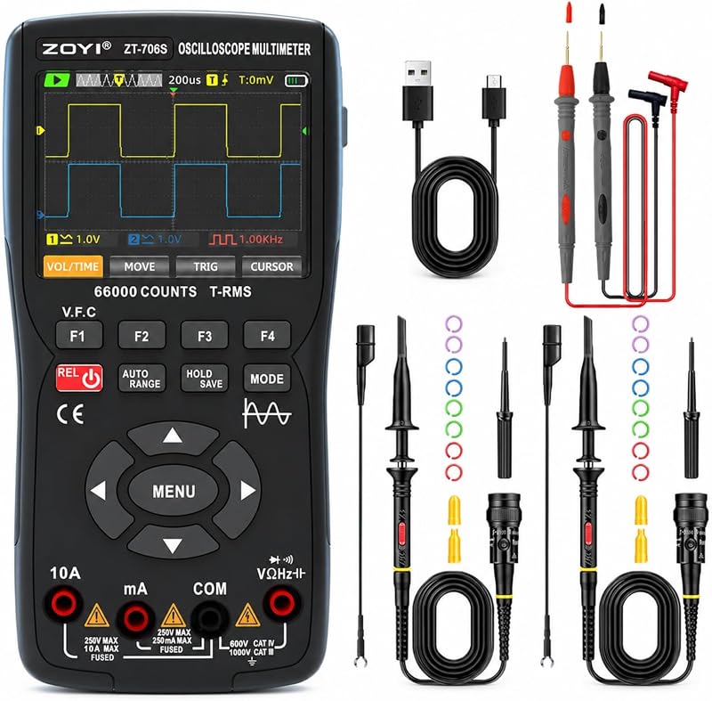 ZT-706S 3-in-1 Oscilloscope Multimeter Signal Generator, Dual-Channel 50MHz Bandwidth, 280MSa/s Infinite Persistence, 66000 Counts True RMS, 10MHz Bandwidth Signal Output, Data Hold and V.F.C