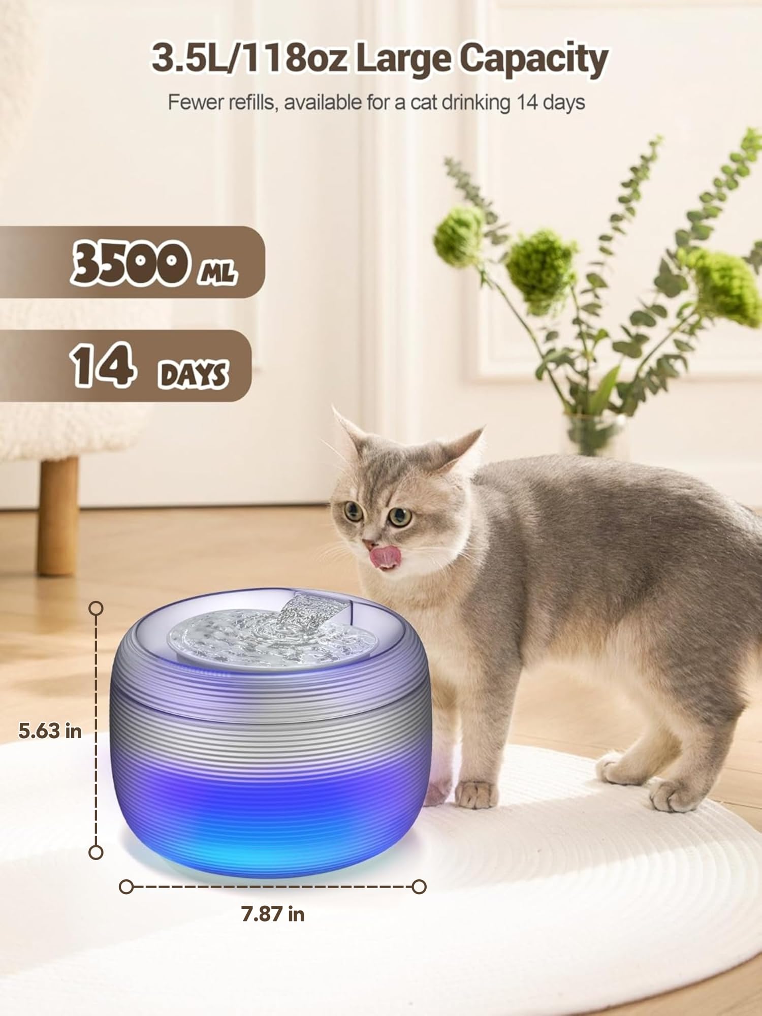 SIBAYS Fuente de agua para gatos, 3,5 L, gran capacidad, para beber con luz LED y recordatorio de escasez de agua, dispensador automático de plástico para perros, fácil de limpiar