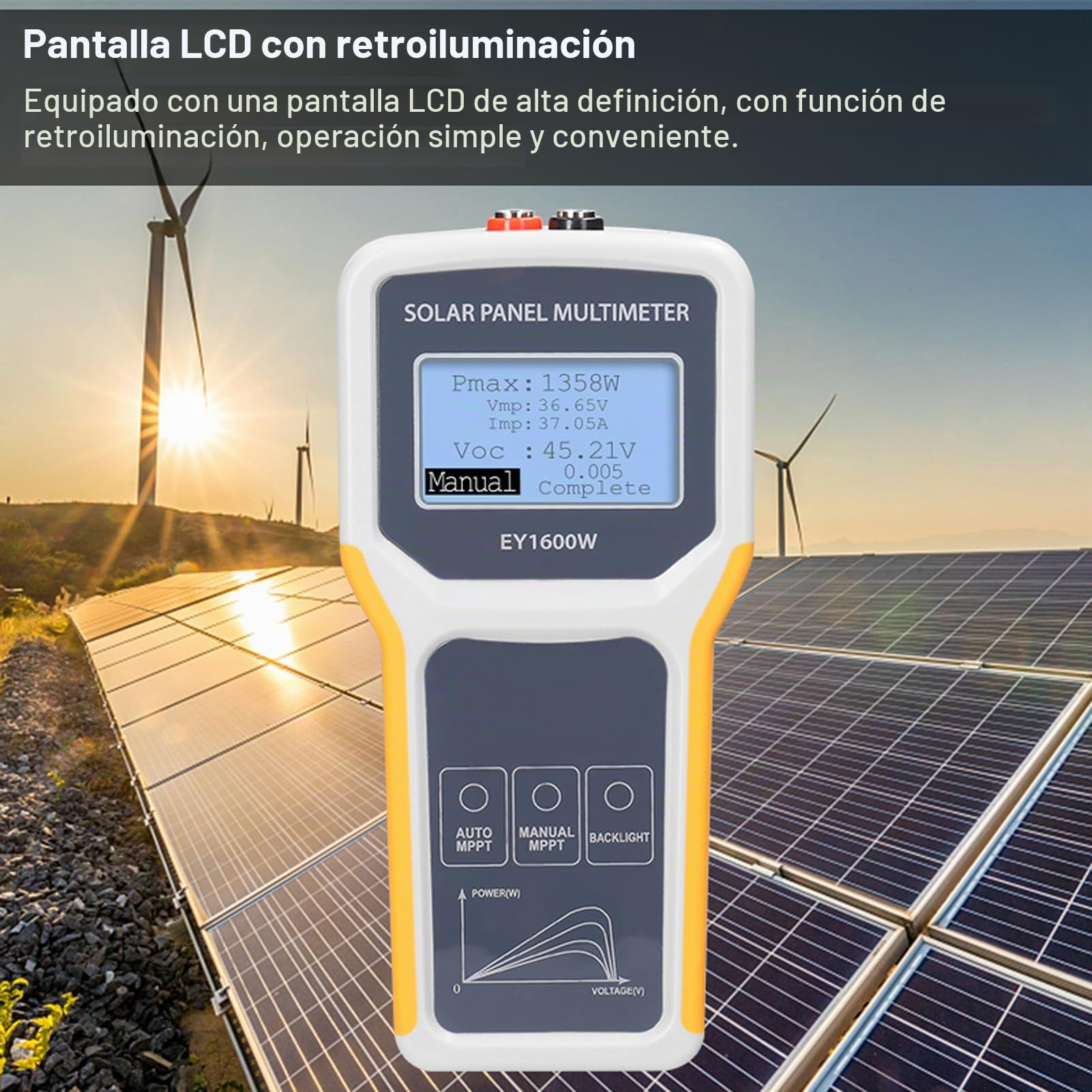 Multímetro de panel solar, probador MPPT de panel solar de 1600 W, probador de voltaje de circuito abierto, voltaje de punto de potencia de masa, medidor de prueba de potencia actual con LED