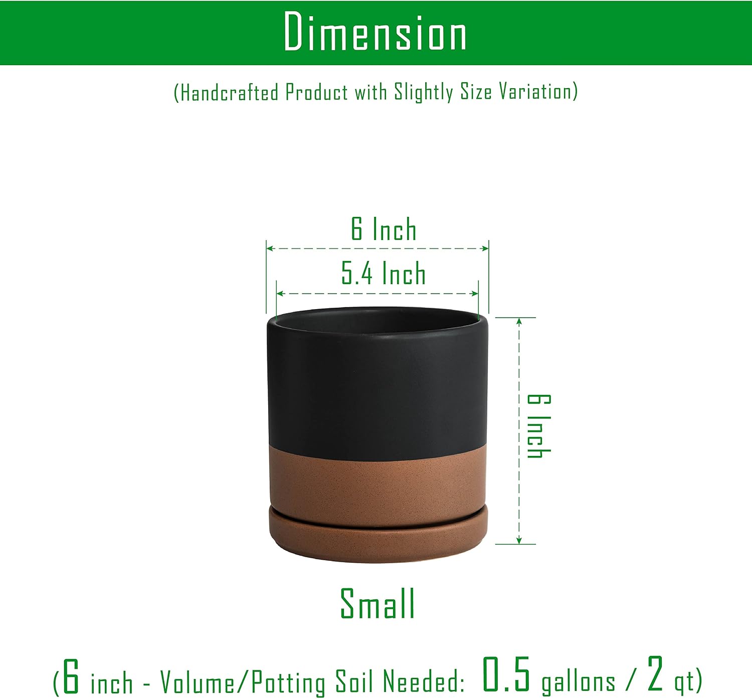 D'vine Dev 6 Inch Ceramic Planter Pot with Drainage Hole and Saucer, Indoor Cylinder Round Planter Pot, Black/Speckled Tan, 94-O-S-7
