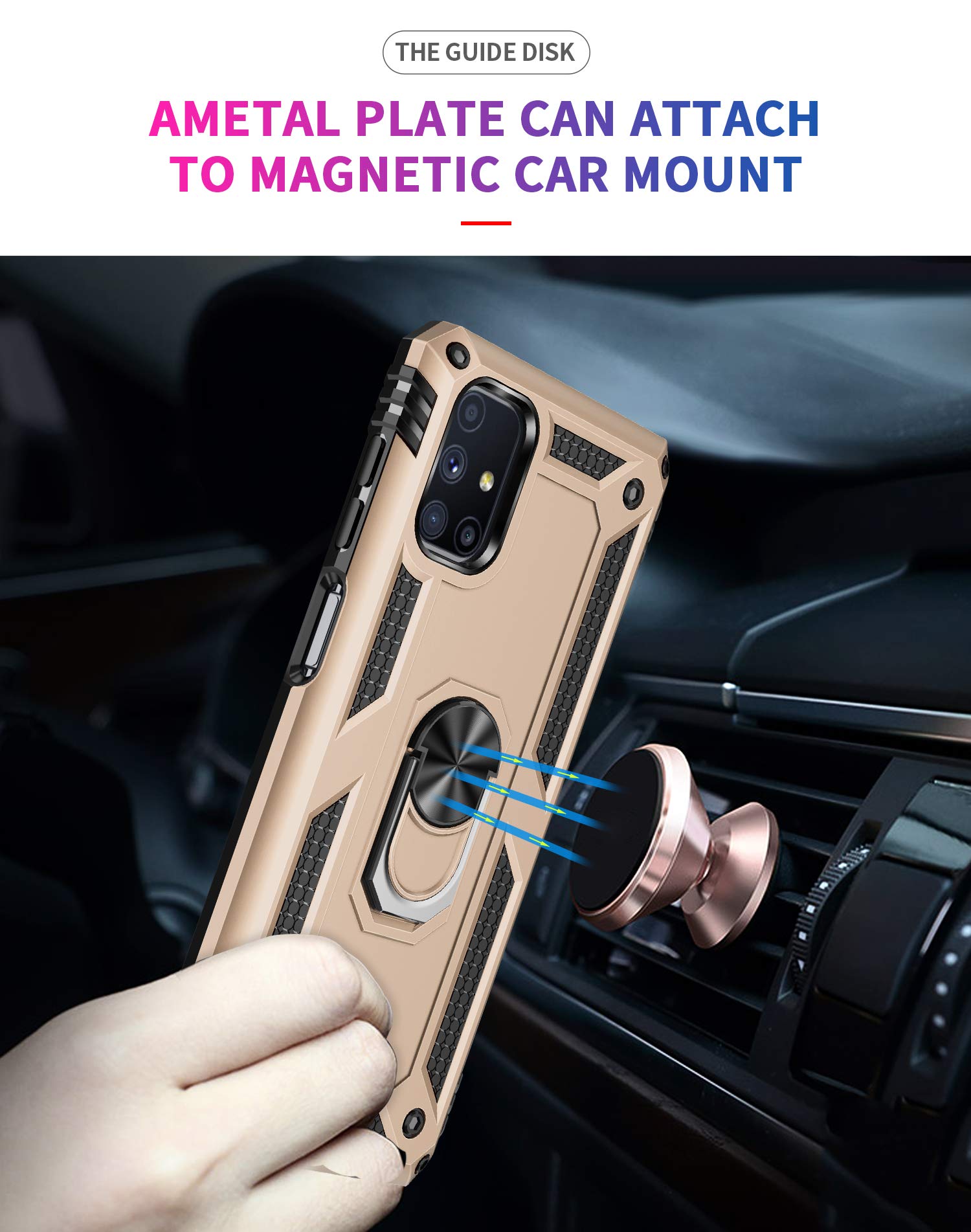SORAKA Case for Samsung Galaxy M51 with Ring Holder Armor Case Samsung Galaxy M51 Case Soft TPU Bumper Hard PC Back Cover with Metal Plate for Magnetic Phone Car Mount Gold