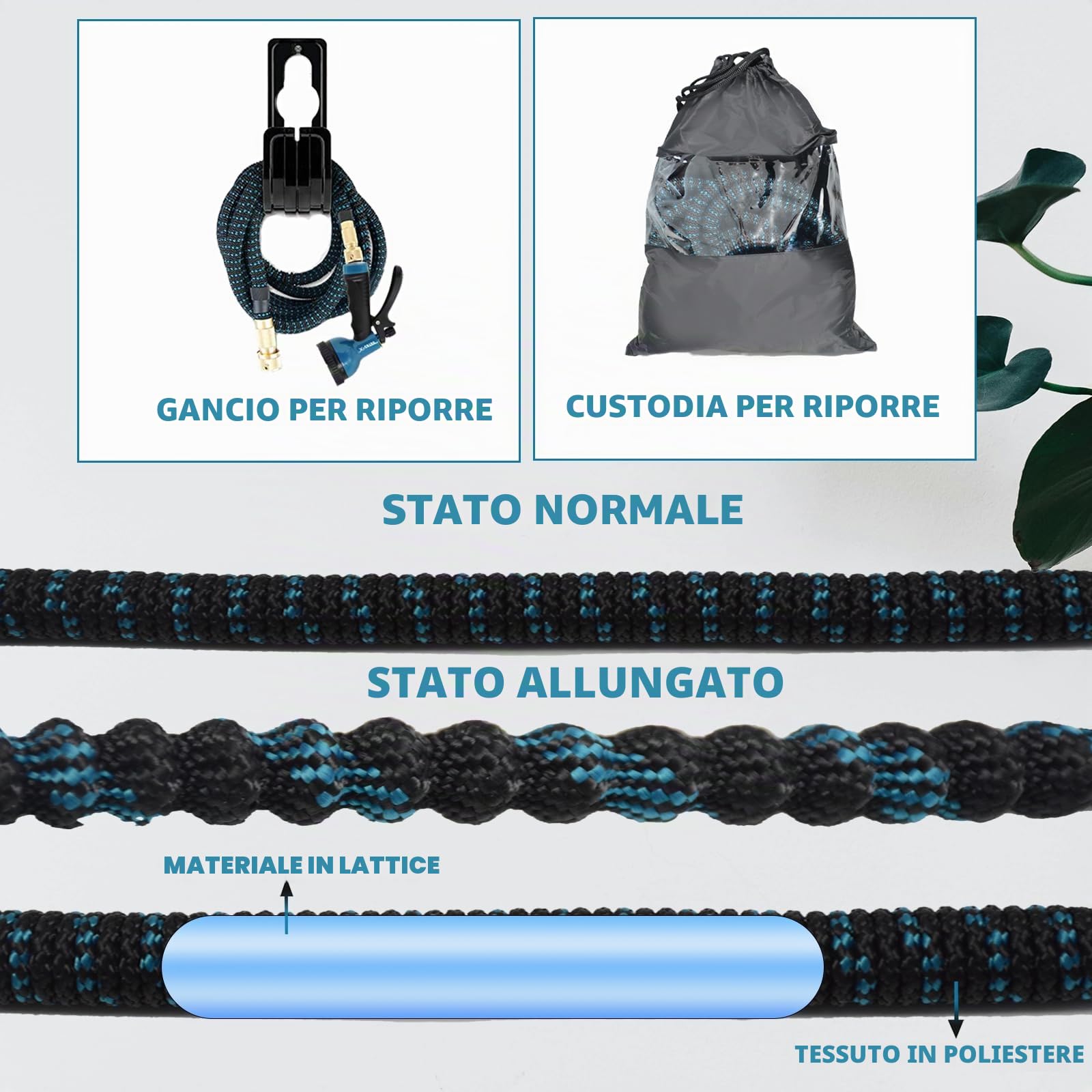 Tubo Acqua Giardino, Tubo Estensibile da Giardino 30m/100ft, Canna Acqua con 10 Modalità Spruzzo, Tubo Irrigazione con Raccordi in Ottone da 1/2" e 3/4, per Irrigazione Lavaggio