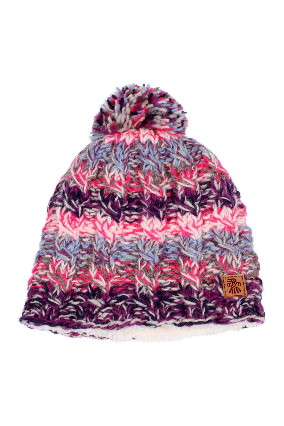 Pachamama Women Wool Beanie Bobble Hat Sherpa Fleece Lined Handknitted Pink Multicoloured One-Size Handmade Extra Warm Fair Trade