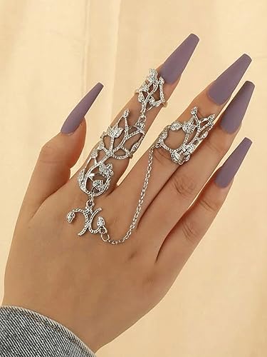 Miniatura 2 de Anillo de dedo completo para mujer, con dije de hoja, pulsera con nudillos de cadena, anillo de dedo largo abierto, cadenas de mano, anillos
