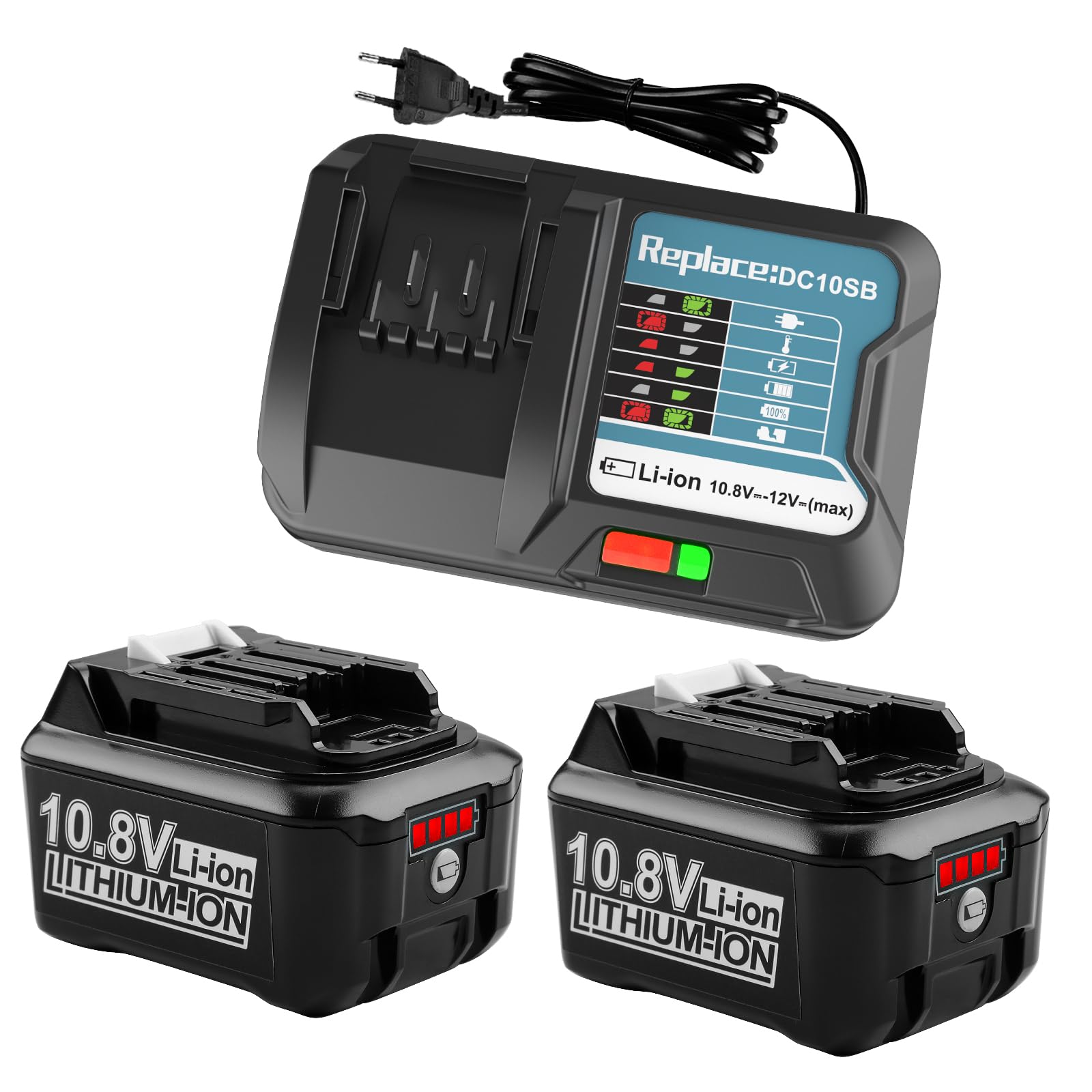 Batería de 12 V y 4,0 Ah con Cargador para Makita Herramienta de 12 V | Cargador de repuesto para los modelos BL1016, BL1021B, BL1040B y BL1020B (DC10SB y DC10WD)