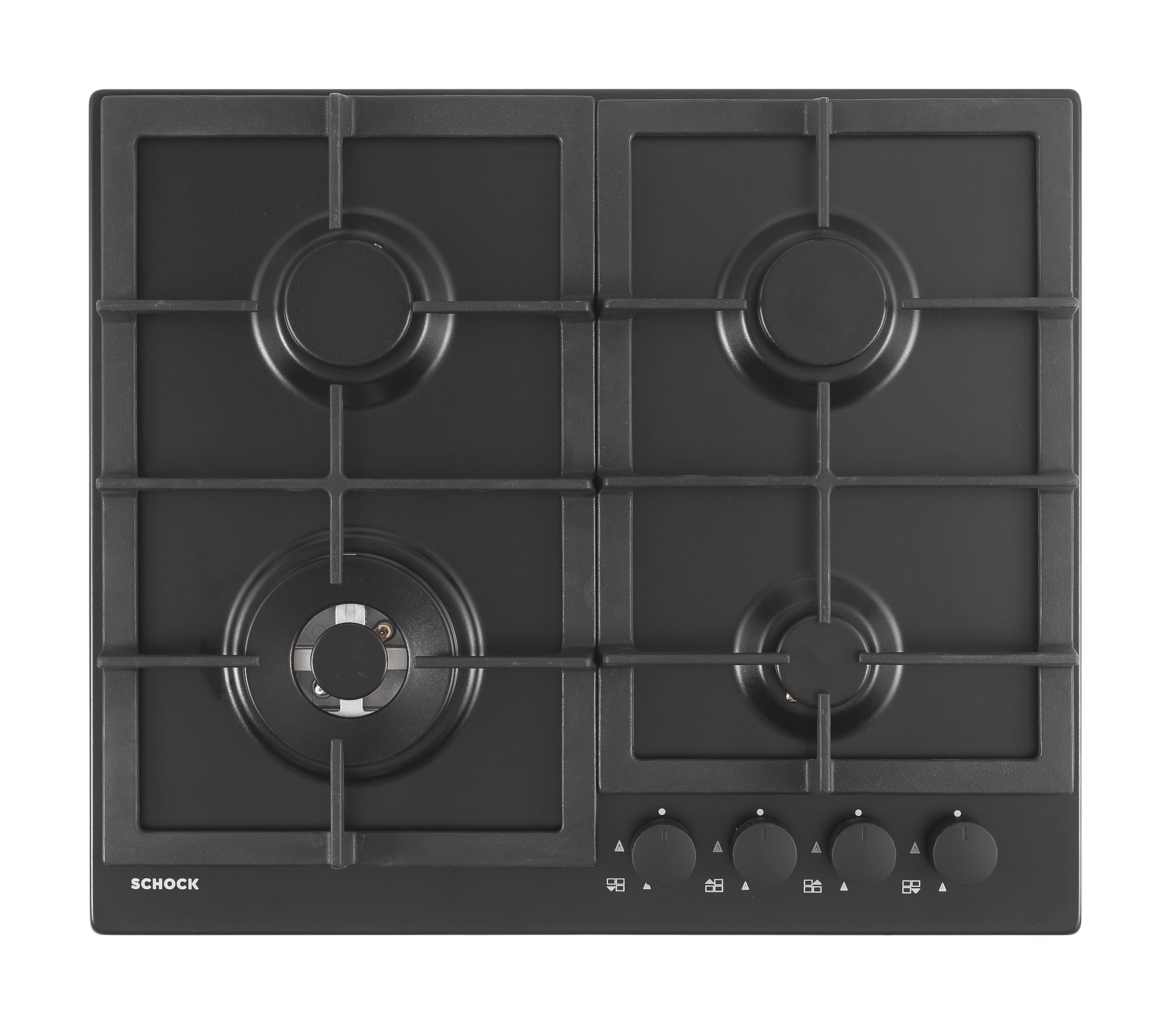 SCHOCK - Placa de cocción de 4 fuegos a gas profesional PC60 con puños | Rejillas de hierro fundido; válvulas de seguridad; negro mate; 585 x 500 mm