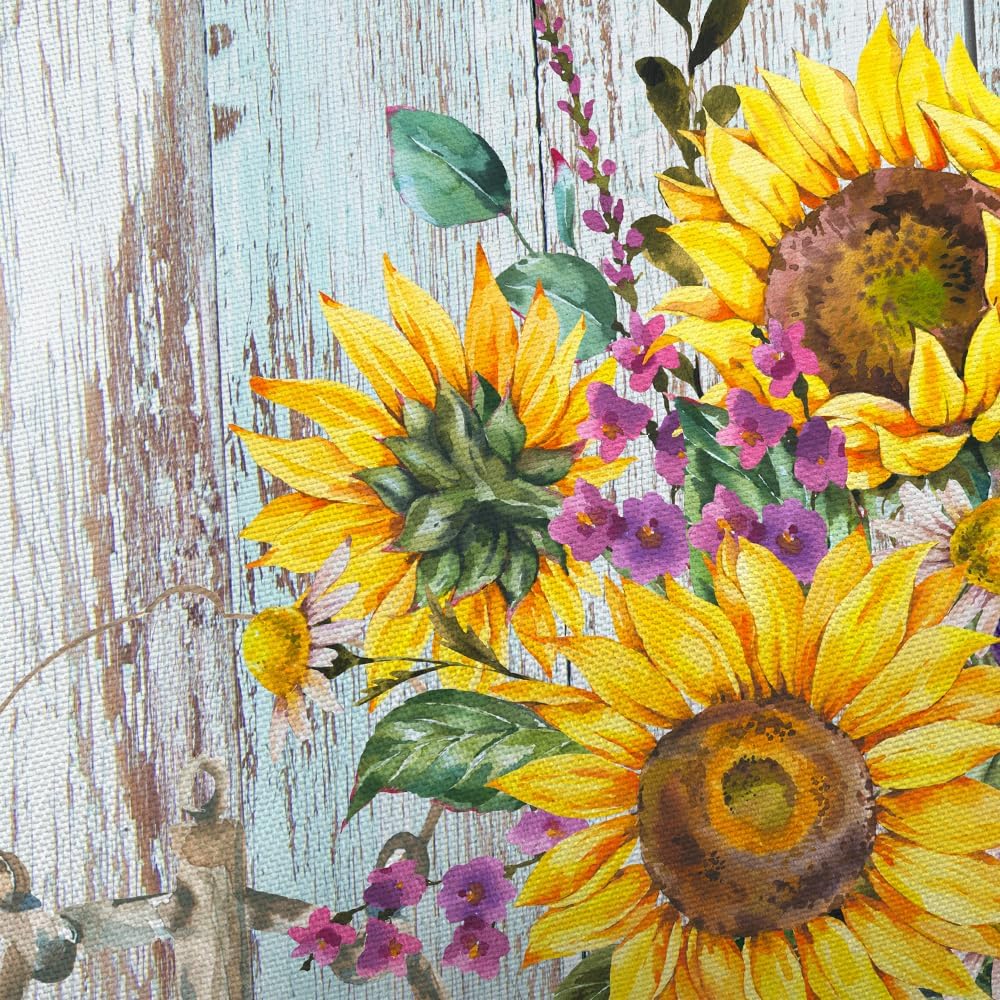 Rustic Farmhouse Floral Shower Curtain, Sunflower Shower Curtain Set for Bathroom, Teal Wooden Barn Board Fabric Shower Curtain Restroom Bathtub Decor Accessories with Hooks 72X 84 inch