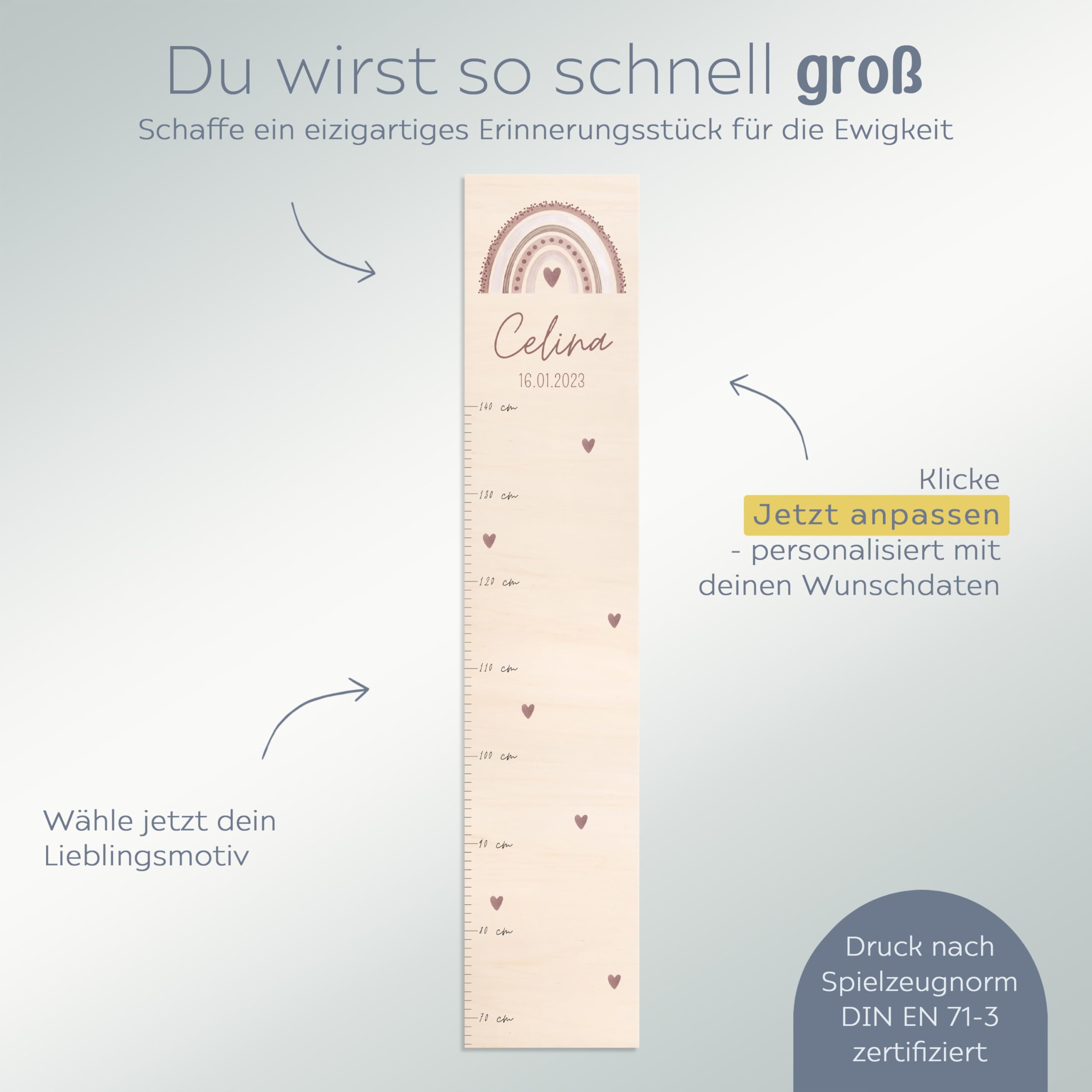 wunderwunsch® - Personalisierte Messlatte Kind Holz zum Kleben oder Aufhängen - Skala 70-140cm - Süße Dekoration für Baby- & Kleinkinderzimmer (rosa)