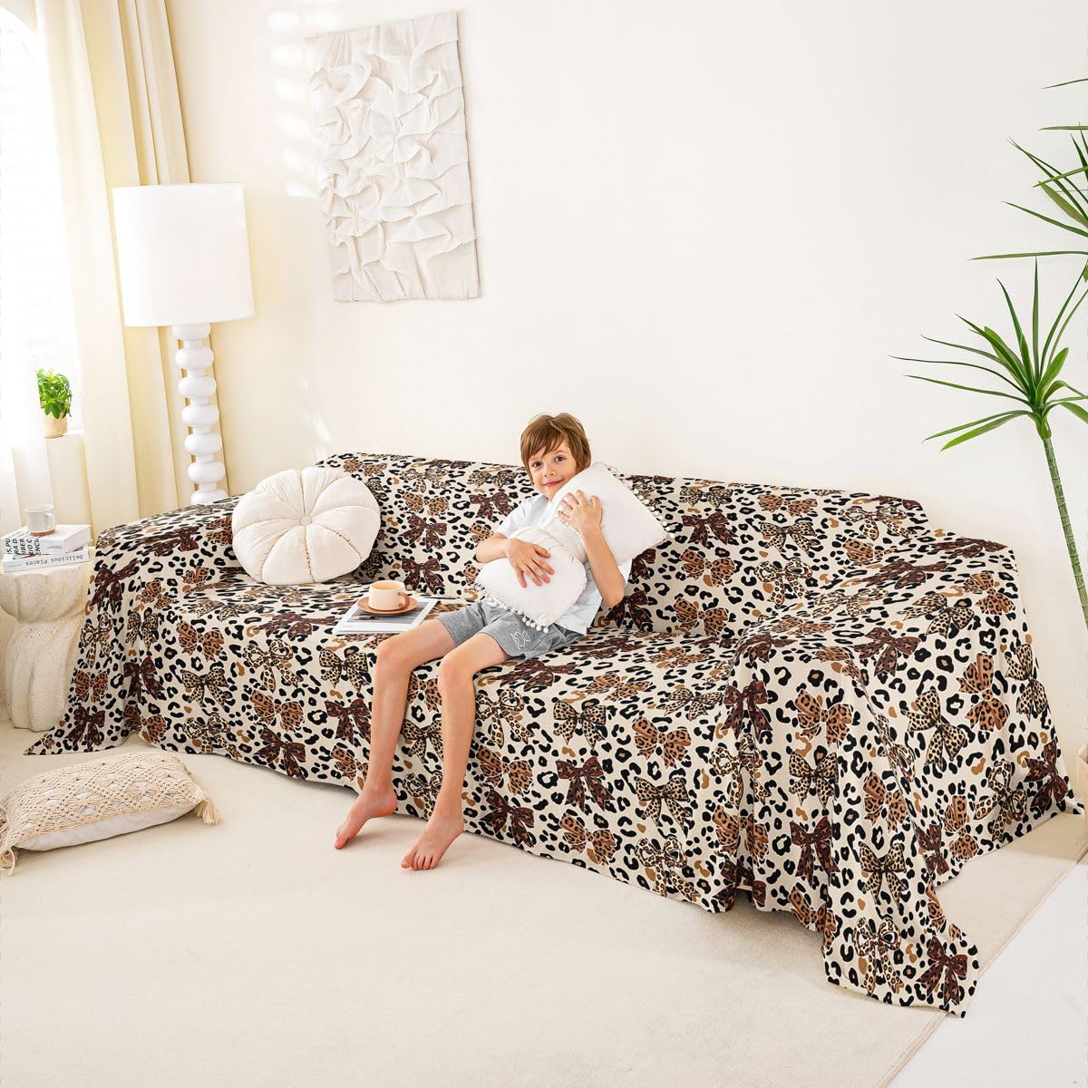 Homewish kokardka pokrowiec na kanapę 231 x 340 nadruk w panterkę narzuta na sofę geometryczna wstążka kokarda kanapa ochraniacz geparda afrykańskie zwierzę safari sofa pokrowiec