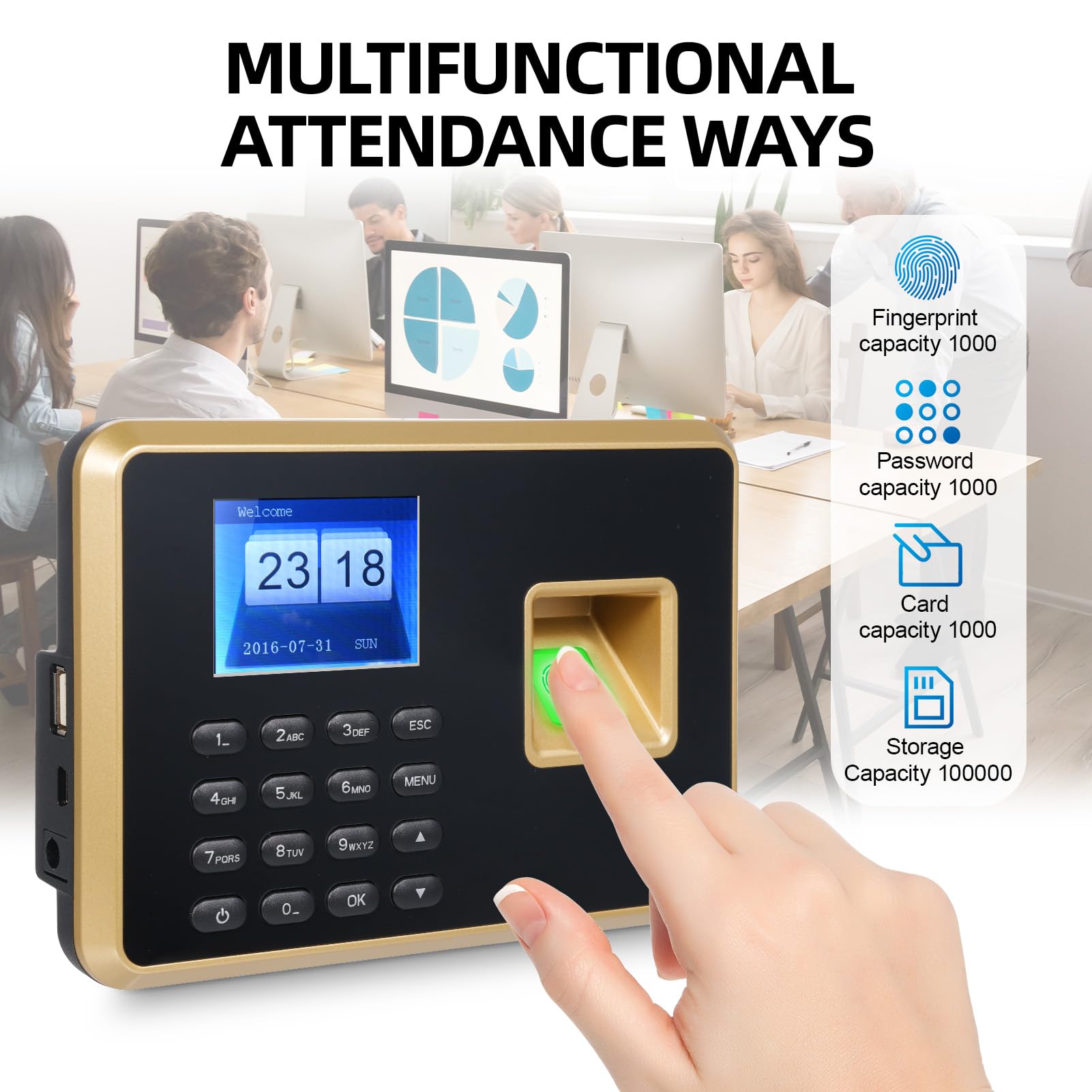 Bisofice A2 Rilevatore Presenze Dipendenti con Scansione impronte digitali e RFID Password, Timbratrice Presenze Prompt Vocale, Timbracartellini Display da 2,4", Italiano