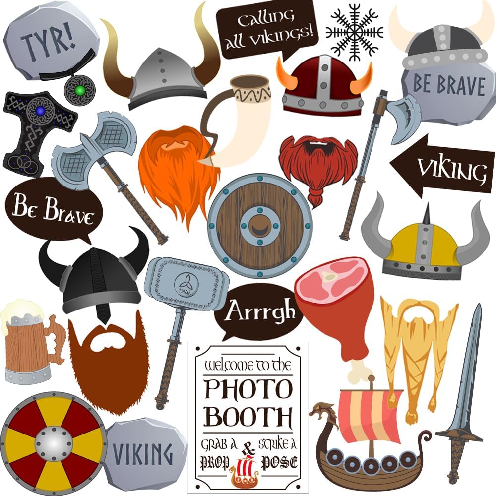 Viking Photo Booth Props, 30pcs Norse Viking Party Decorations, Htabiol Viking Birthday Party Decorations, Viking Themed Party Decor, Fit for Viking Ship Party, Nordic Party, Viking Mythology Party