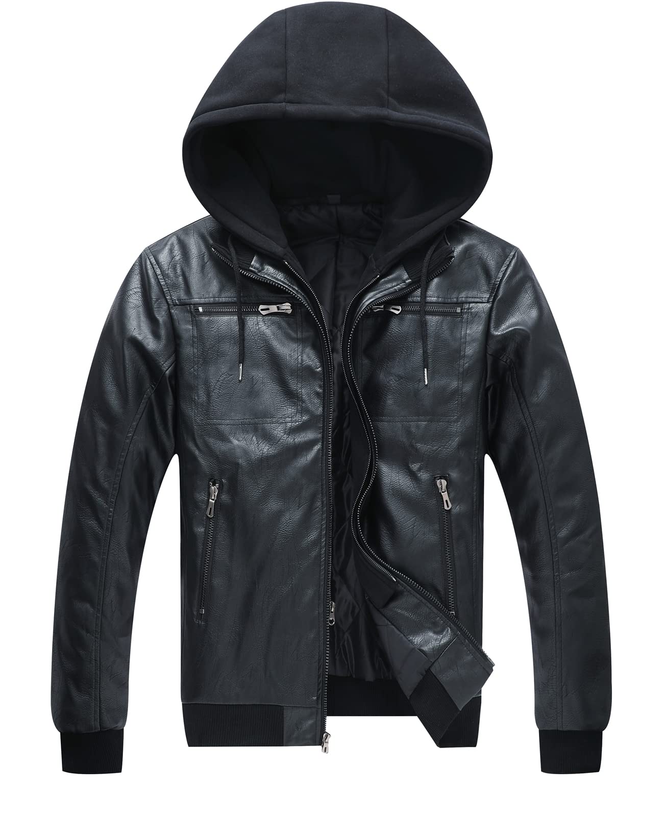 ZENTHACEMens Full-Zip Faux Leather Hooded Motorcycle Jacket Outdoor Wear Coat