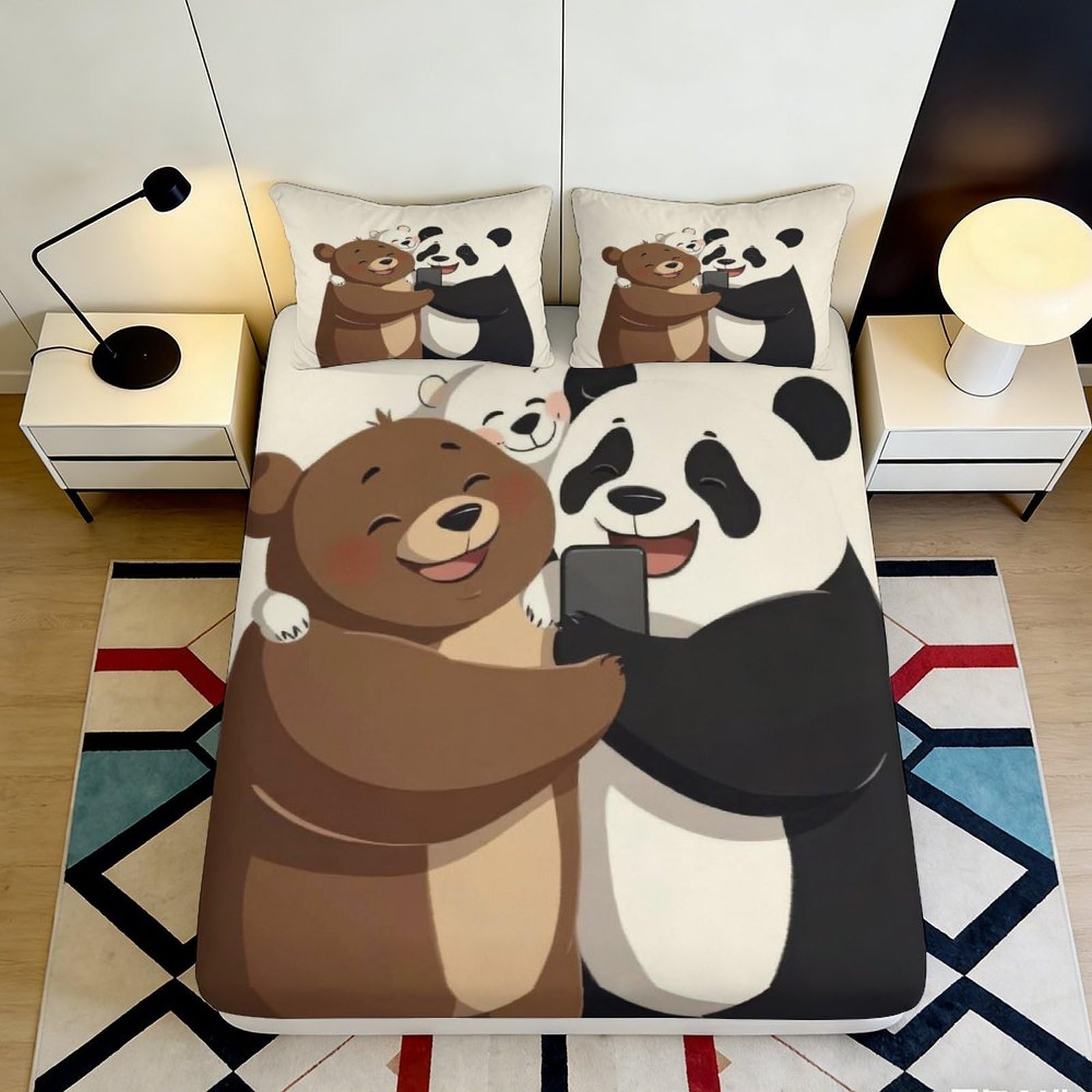 3D Printed Cute Bear and Panda Fitted Sheet Microfiber Soft Breathable Cartoon Animal Mattress Cover for Bedroom Dormitory Guest Room Protection Decor 160x200x25cm