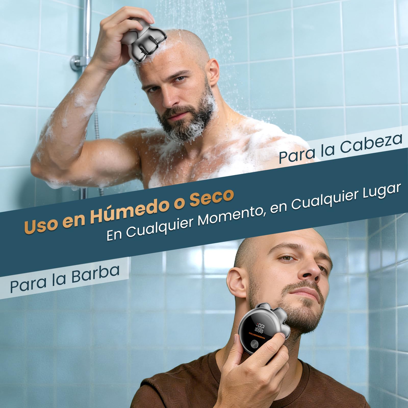 MAXGROOM Afeitadora Cabeza Hombre PRO, Maquina Afeitar Hombre, Afeitadora para Calva en Seco y Húmedo, 140 Mins de Uso, 7 Cabezales, Magnético, 100% impermeable