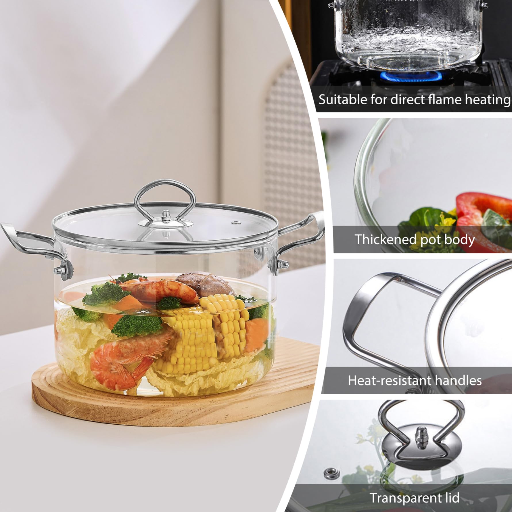 Pentola in vetro per fornelli Pentola in vetro trasparente da 3, 5 litri con coperchio e doppie orecchie resistente al calore per pasta, zuppe, latte, alimenti per bambini Pentole trasparenti per cu
