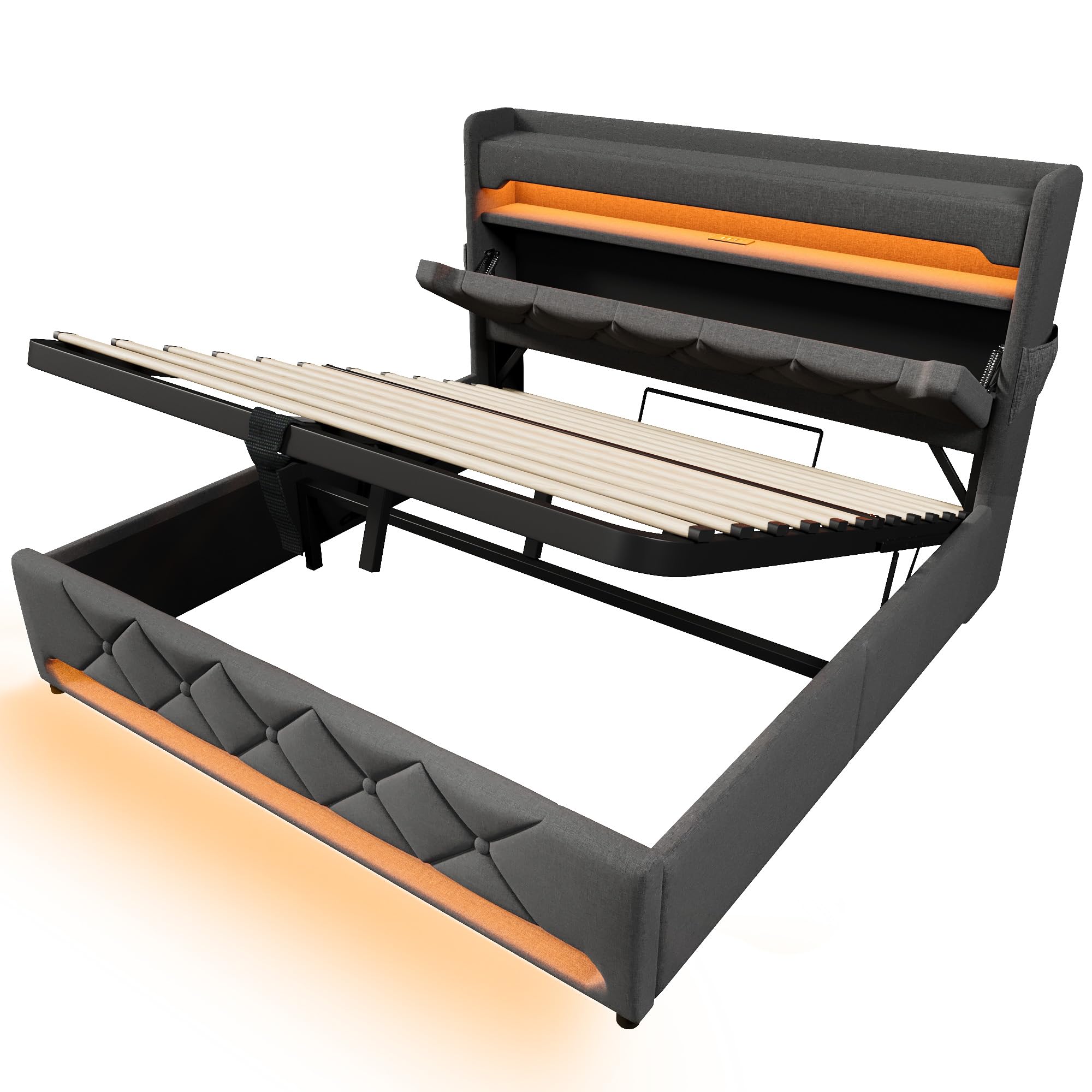 Polsterbett 180x200 Doppelbett, Stauraum-Kopfteil mit USB- und Typ-C-Anschlüssen, LED-Beleuchtung am Kopf- und Fußende des Bettes, mit Hydraulischem Stauraum, Leinen (Grau 1, Ohne Matratze, 180x200CM)