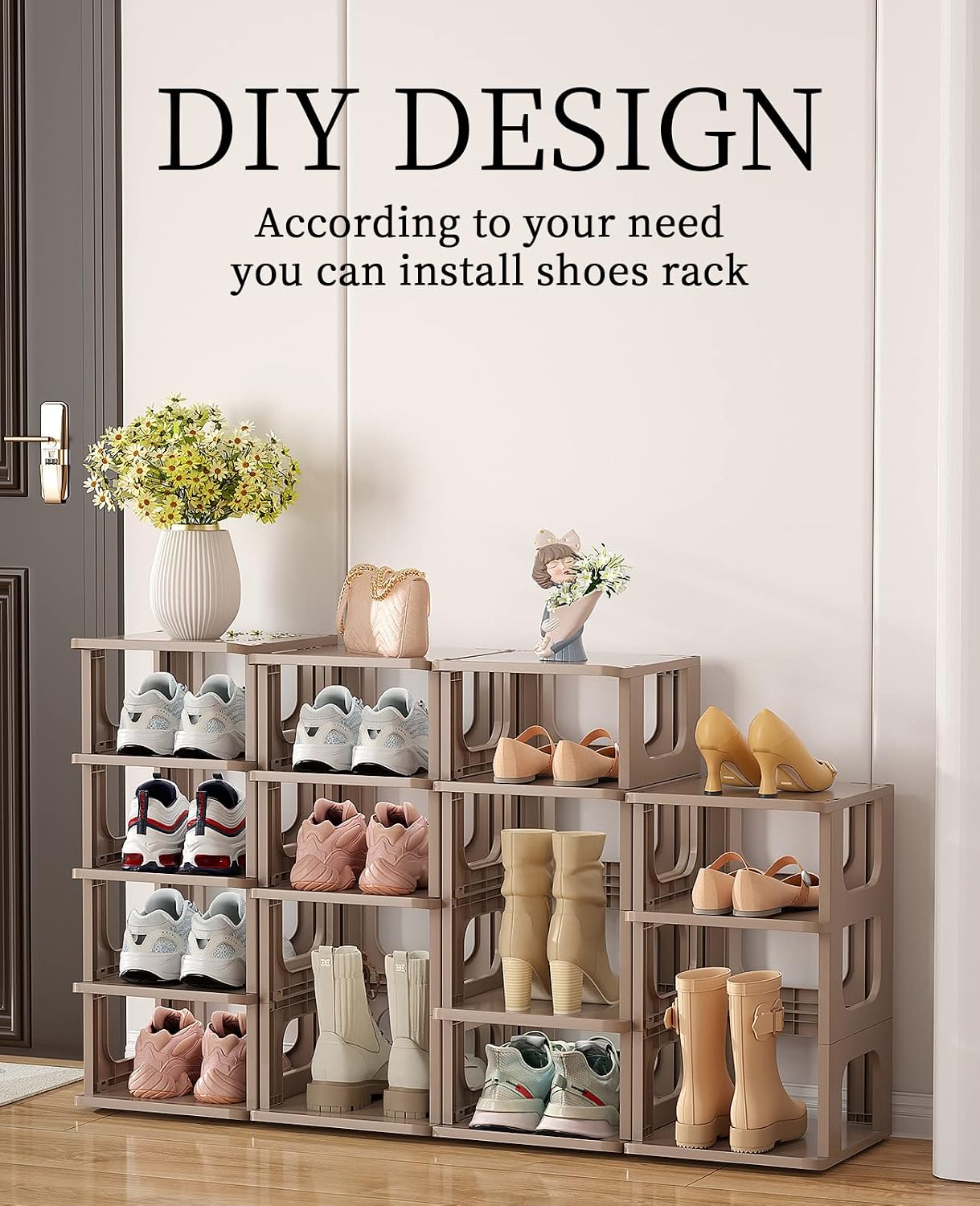 Narrow Shoe Rack - 5 Tiers Stackable Shoe Storage Stand for Entryway Hallway and Closet Durable Shoe Shelf Space Saving Boots Storage and Organization Stylish Small Shoe Cabinet No-Tool Assembly Khaki