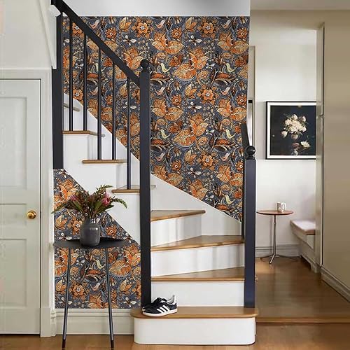 Miniatura 6 de Papel tapiz autoadhesivo con estampado de cachemira naranja vintage bohemio de 18 x 236 pulgadas, para despegar y pegar, papel de contacto extraíble