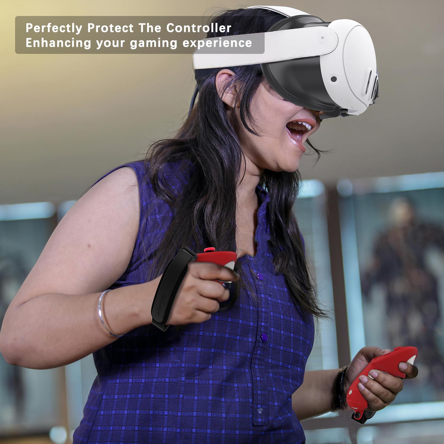 Ulepszona osłona uchwytu kontrolera kompatybilna z akcesoriami Meta/Oculus Quest 3, silikonowy ochraniacz na rękę z pokrywą otwierającą baterię i paskami na kostki z gąbką (czerwony)