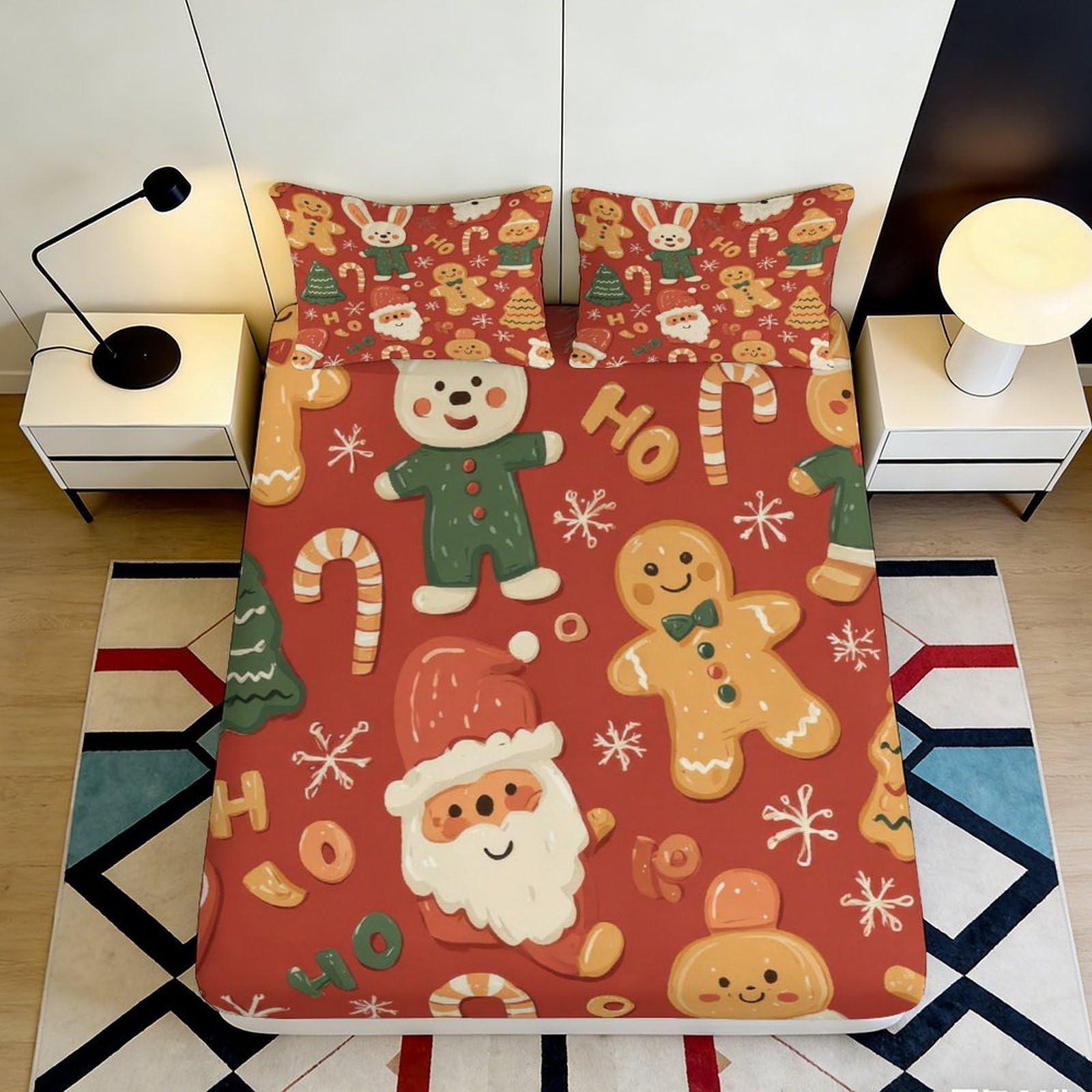 3D Printed Christmas Gingerbread Fitted Sheet Microfiber Red Candy Cane Santa Mattress Cover Bedroom Decor 90x200x25cm