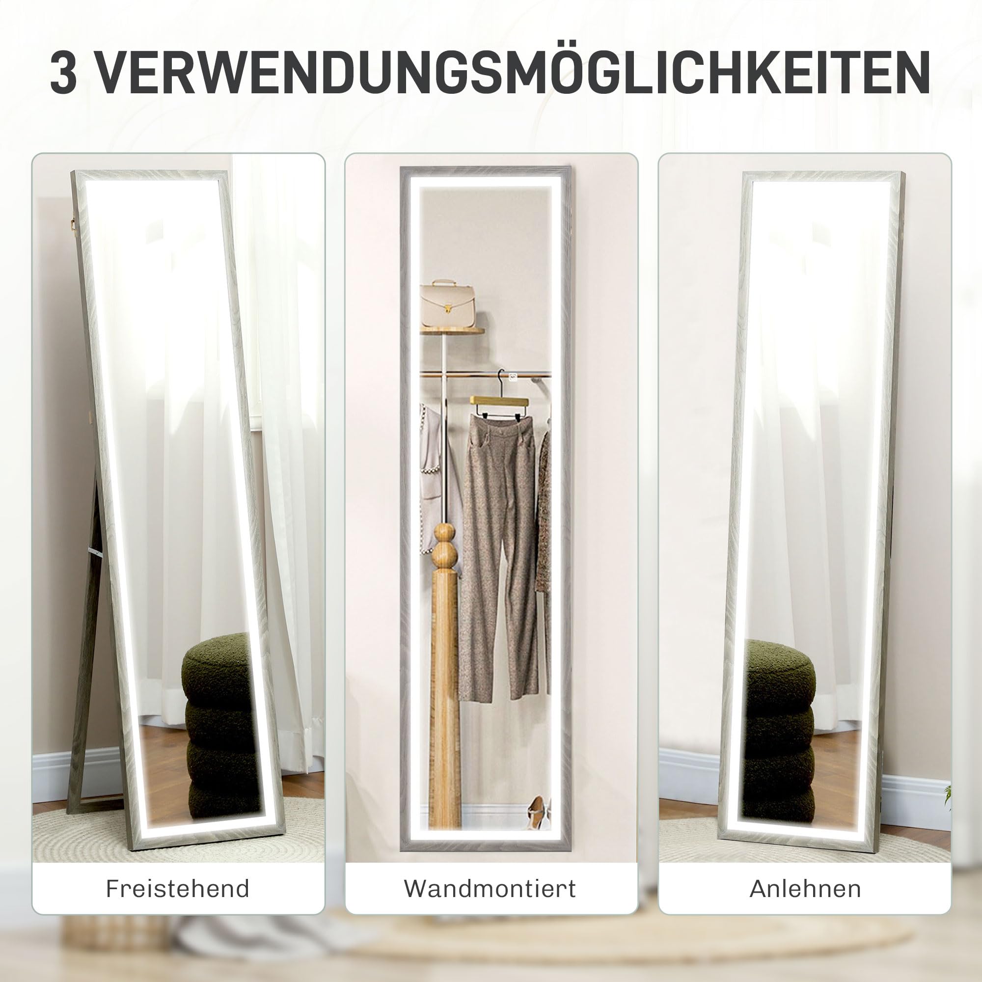 HOMCOM Ganzkörperspiegel 40 x 160 cm Standspiegel mit LED-Lichte, 3 Lichtfarben, Wandspiegel mit Touch-Steuerung, Bodenspiegel für Schlafzimmer, Wohnzimmer, Grau