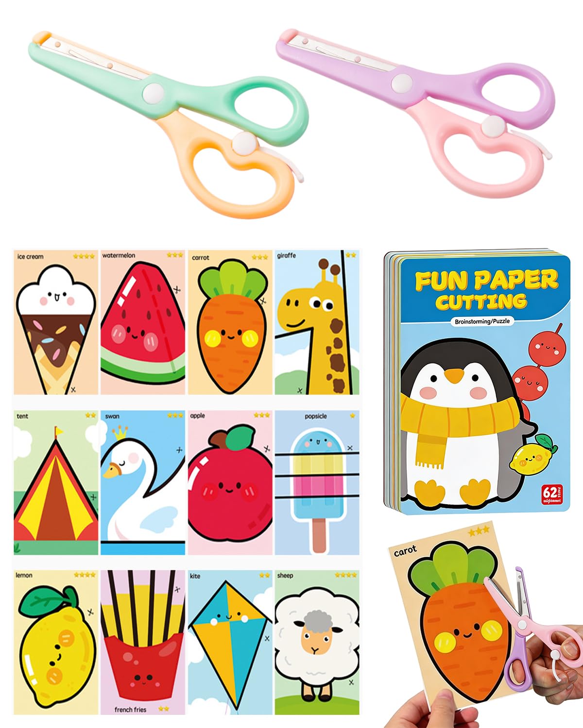 2 Forbici Sicurezza Bambini + Libro Esercizi Taglio – Kit Imparare a Tagliare per Sviluppo Motricità Fine, 2-4 Anni – Ideale per Scuola Materna, Giochi Creativi e Regali Educativi