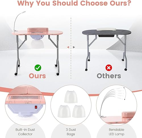 Miniatura 5 de GOFLAME Mesa de manicura para uñas, escritorio plegable para técnico de uñas con ventilación eléctrica descendente, lámpara LED flexible,
