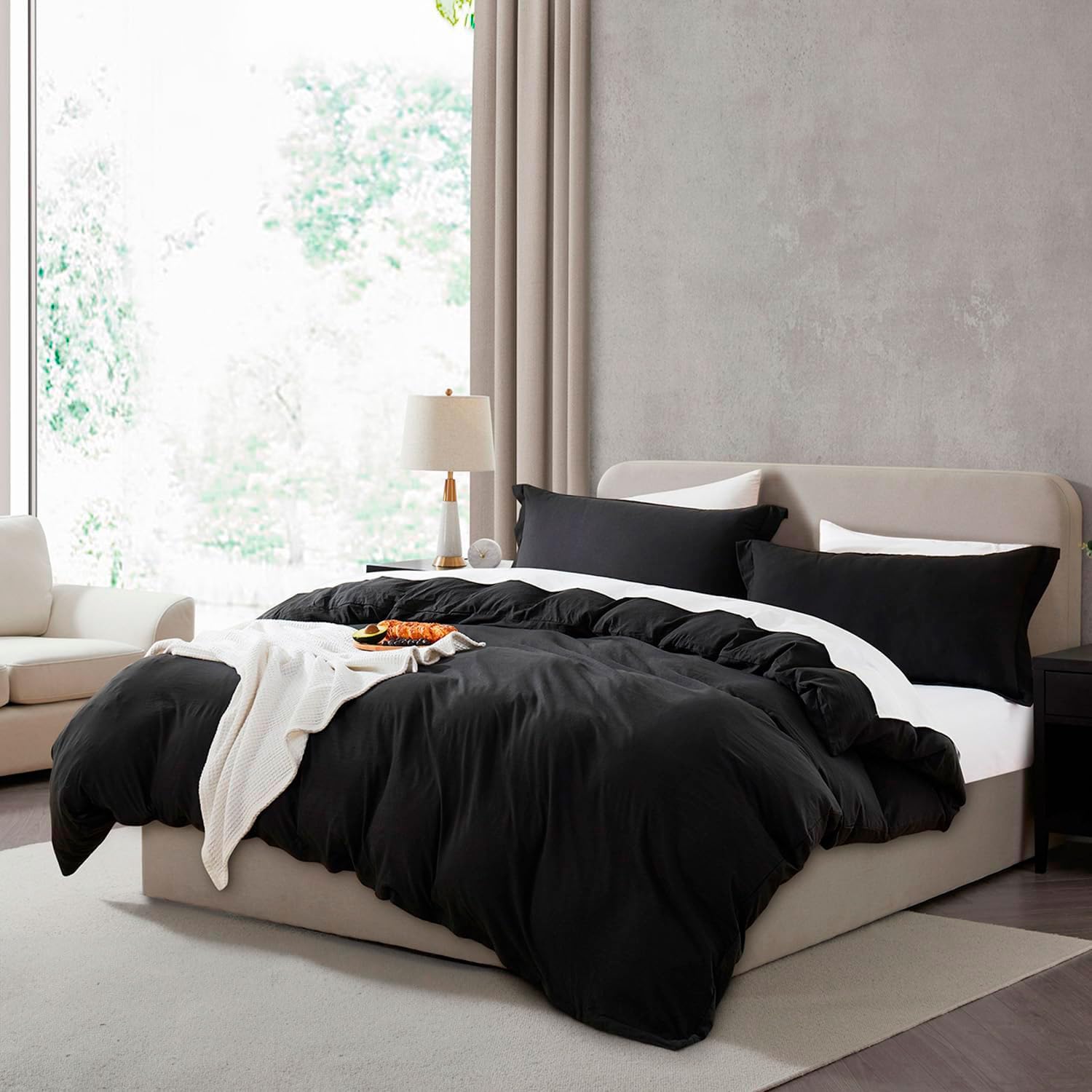 Hearth & Harbor Queen Duvet Cover Set - Queen Soft Prewashed Black Duvet Cover, 3 Piece Set with Zipper Closure, 1 Duvet Cover 90x90 inches and 2 Pillow Shams