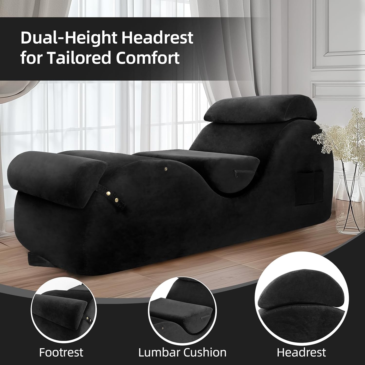 XL Chaise Lounge Chair for Yoga, Chaise Lounge with Headrest, Waist Pad, Foot Pad, Washable Cover Side Pockets Non-Slip Bottom, Yoga Chair for Relaxation Stretching (Black, X-Large)