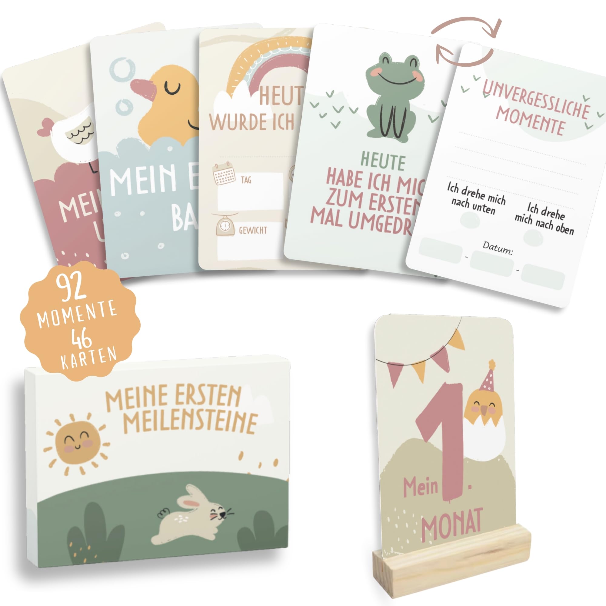 HuBorns - Meilensteinkarten Baby zur Erinnerung an Besondere Momente, 46 Baby Meilensteinkarten Einzigartige und Wunderschön Gestaltet, Baby Monatskarten Ideal für Babygeschenke (Deutsch)