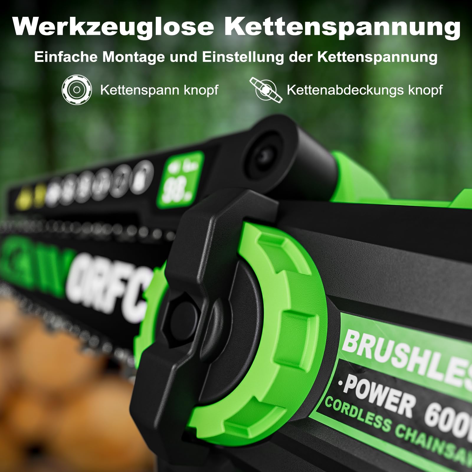 Mini 8-Zoll Akku-Kettensäge, 2 Akkus & Ladegerät, Bürstenlose Elektro Astsäge mit Automatischem Öler, Gartengerät zum Beschneiden von Holz und Bäumen