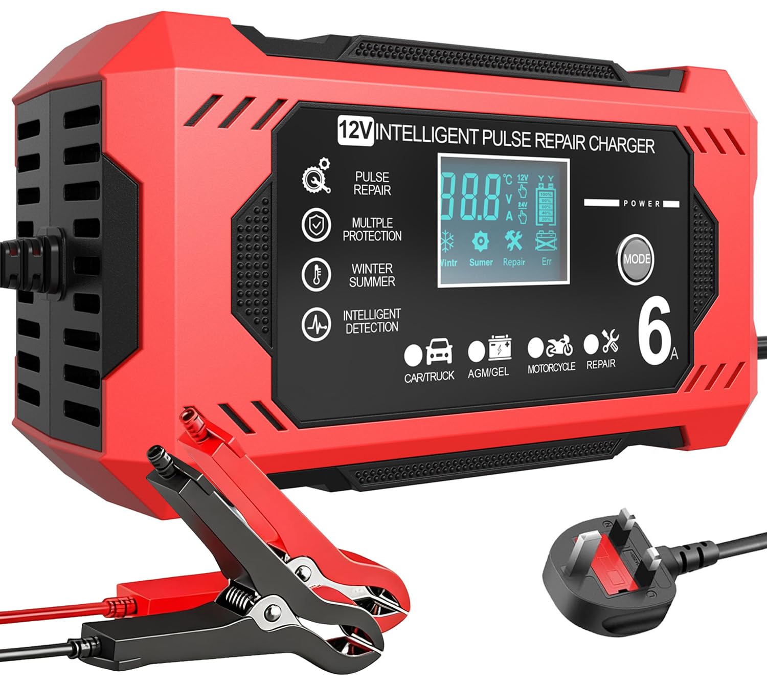 Car Battery Charger & Maintainer 6A 12V Smart Battery Charger with LCD Display - For Car, Motorcycle & AGM Batteries