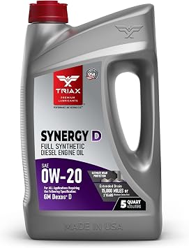 TRIAX Synergy D 0W-20 Full Synthetic Diesel Engine Oil | Compatible with ALL GM Dexos D Applications | Advanced Wear Protection and Soot Control 5 Quart