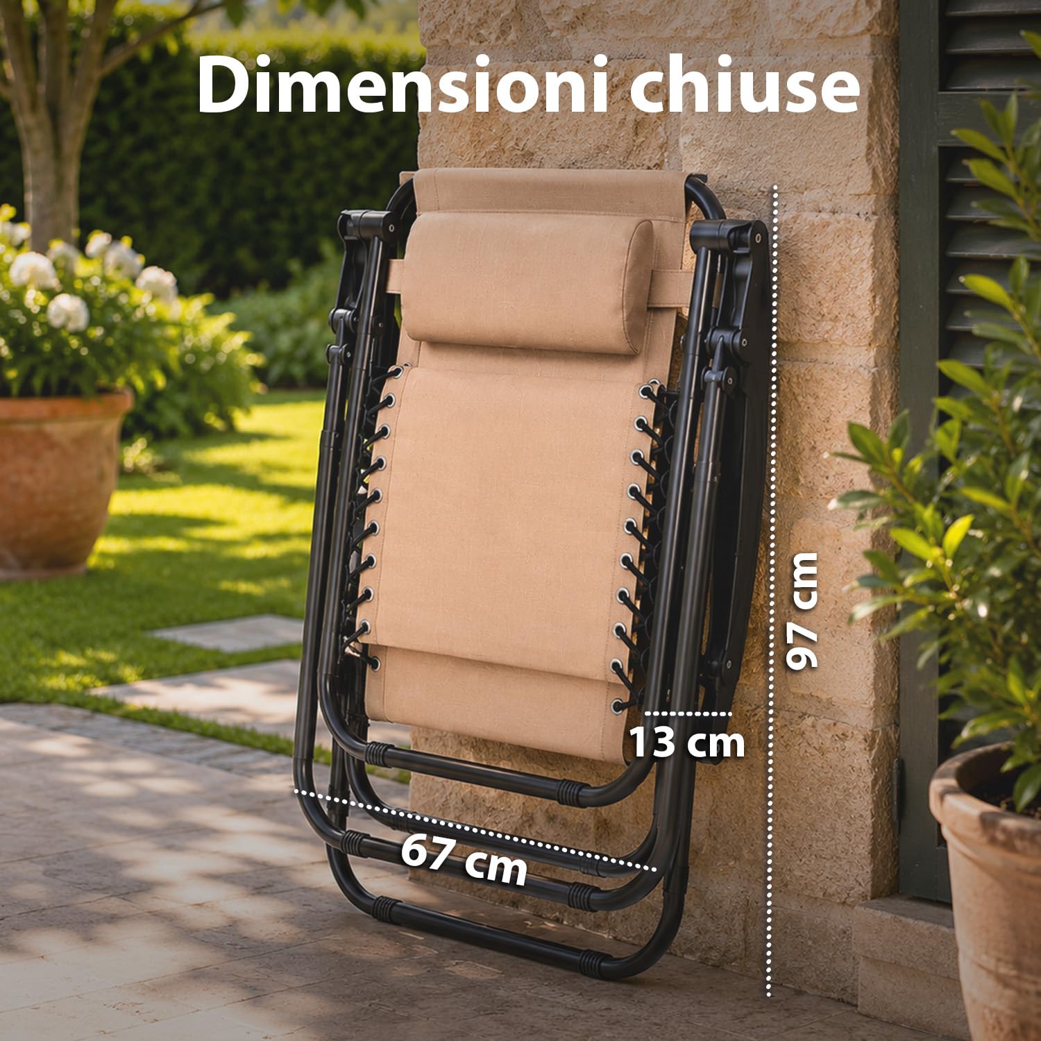 Avilia - Sedia da Giardino Pieghevole con Vassoio Laterale Portabevande – Ferro, Seduta Teslin, 120 kg | Sedia Giardino Pieghevole Reclinabile, L65×P87/176×A108/80 cm, Facile da Pulire