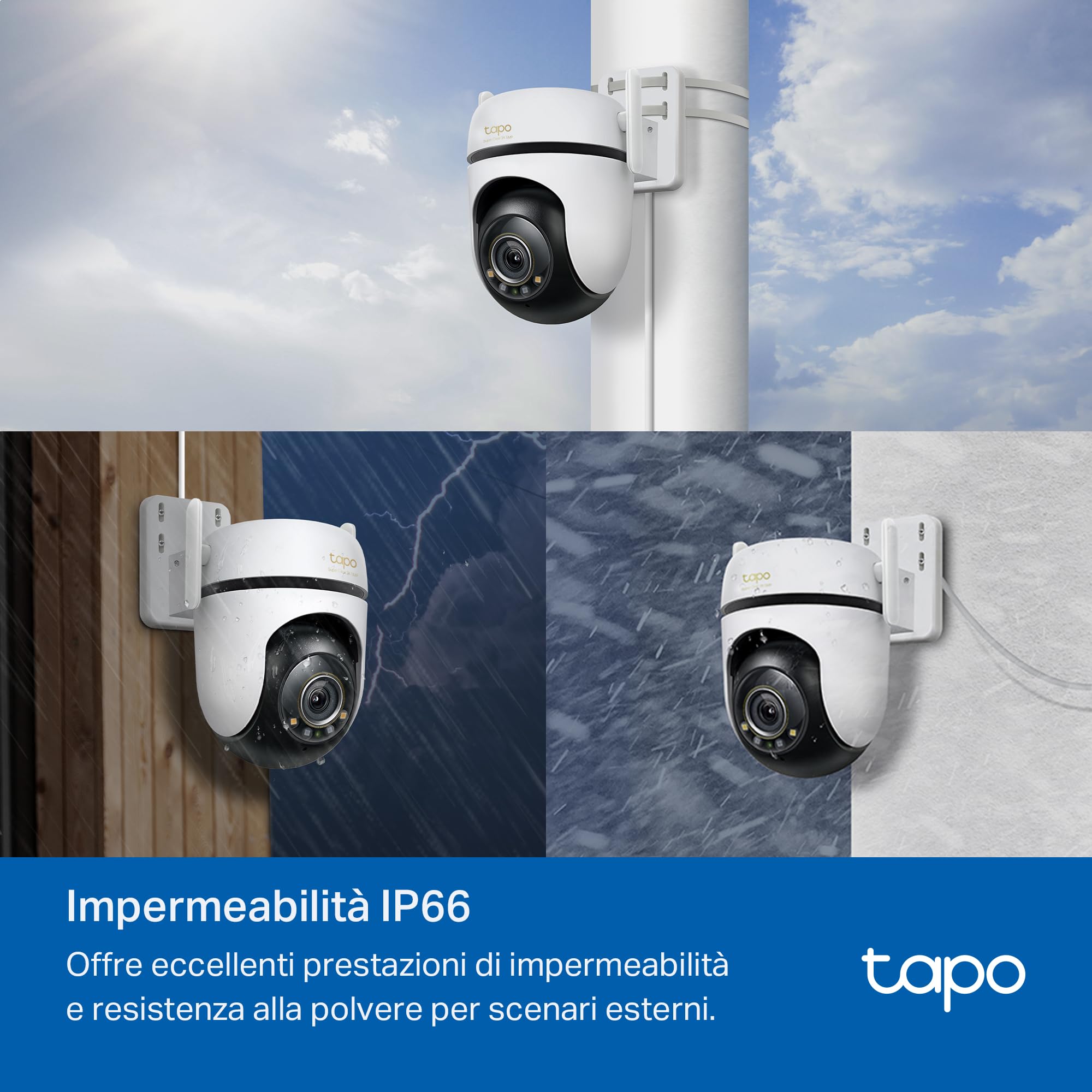 Tapo C530WS Telecamera Wi-Fi Esterno 3K 5MP 360° Visione Notturna a Colori Starlight Rilevamento AI IP66 Wi-Fi Ethernet Allarme Sonoro Luminoso MicroSD 512 GB