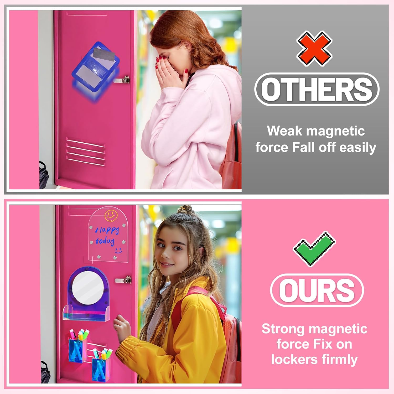 ANPHSIN Iridescent Finish Locker Accessories Set - Includes Acrylic Magnetic Mirror, 2 Pen Holders, Dry Erase Board, Back to School Supplies Locker Decor Organizer for Girls Gifts