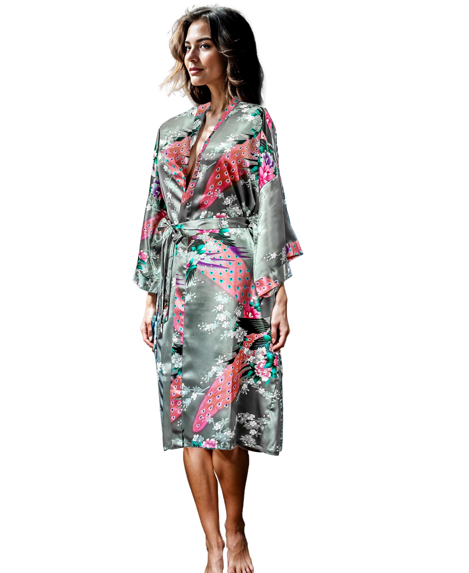 Kimono Robe Long 16 Colors Premium Peacock Bridesmaid Bridal Shower Womens Gift, 8 - 16 UK adult, Grey