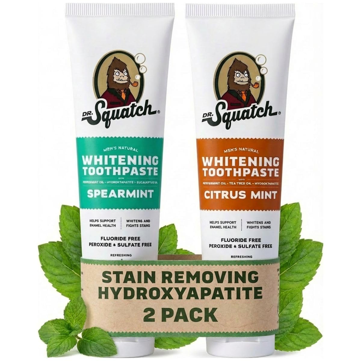 Hydroxyapatite Whitening Toothpaste - Natural, Fluoride-Free - Enamel Support - Day & Night Set - Citrus Mint & Spearmint, (4.7 oz, 2-Pack)